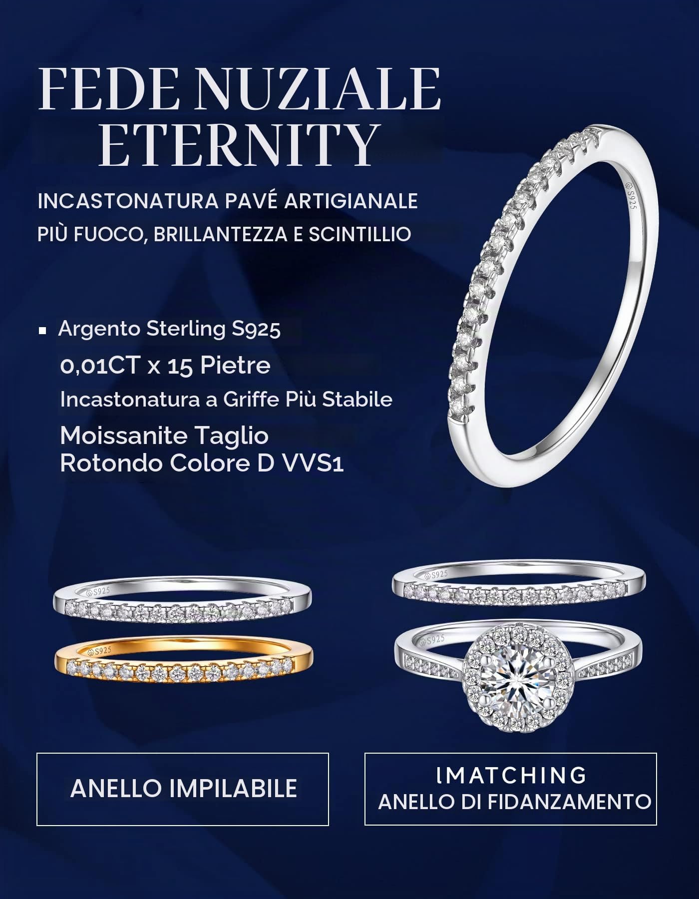 MomentWish Anelli Donna, Anello di Fidanzamento Moissanite VVS1 D Colore Fedine Fidanzamento Coppia Eternità Anello Anelli Sottili Anelli Donna argento 925 Regalo di nozze per Donna Sposa