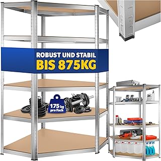 tectake® Werkstattregal, Schwerlastregal Eckregal mit 5 Böden, Metall Lagerregal, Kellerregal, Zubehör für Garage, Organizer für Abstellraum, Steckregal, für Aufbewahrung, Lastenregal - 875 kg