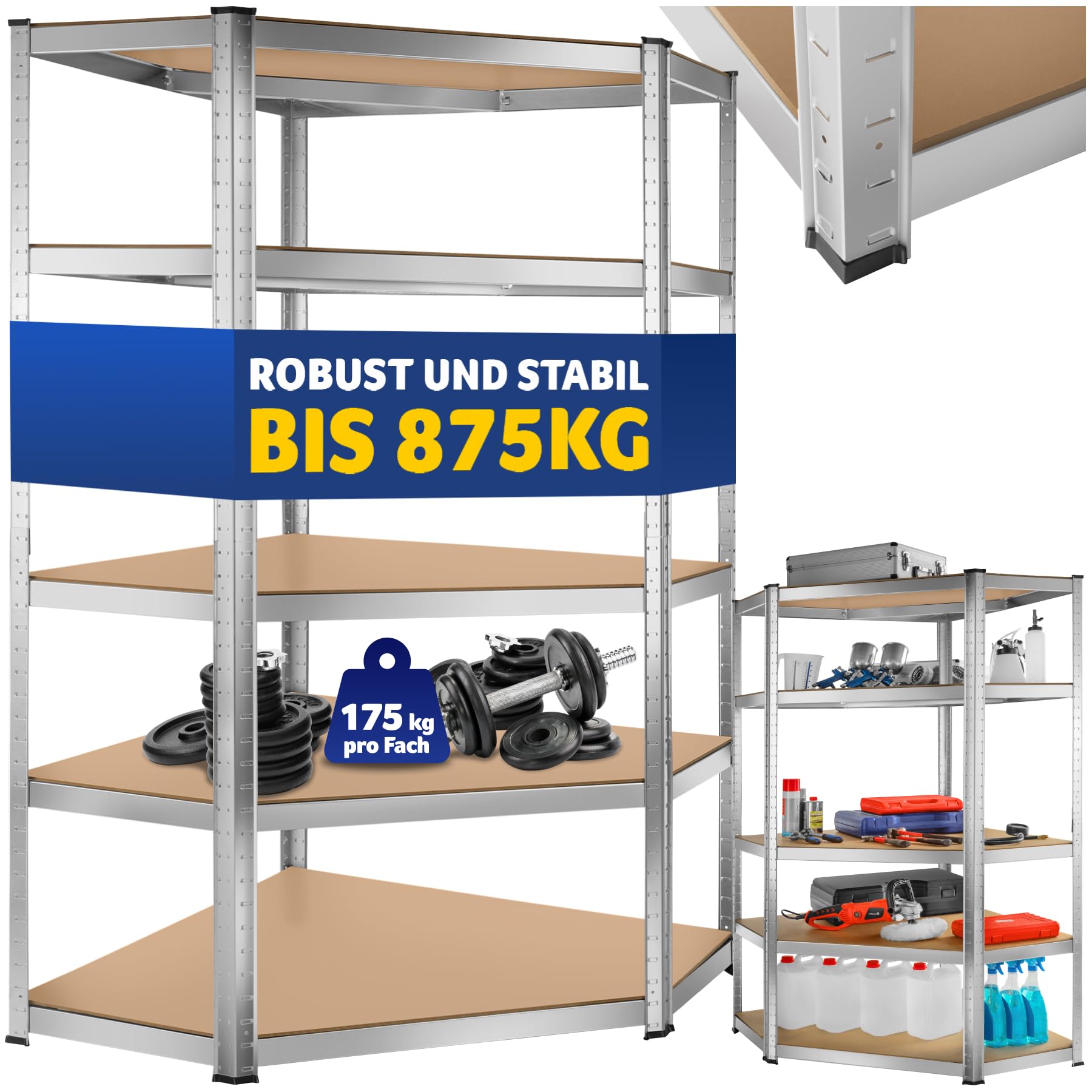 tectake® Werkstattregal, Schwerlastregal Eckregal mit 5 Böden, Metall Lagerregal, Kellerregal, Zubehör für Garage, Organizer für Abstellraum, Steckregal, für Aufbewahrung, Lastenregal - 875 kg