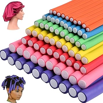 70 Pack 9.4 Inch Flex-rods Hair Rollers+Silk Sleep Bonnet Cap,Twist-flex Foam Hair Roller Curling Rods (7 Size Random Color)