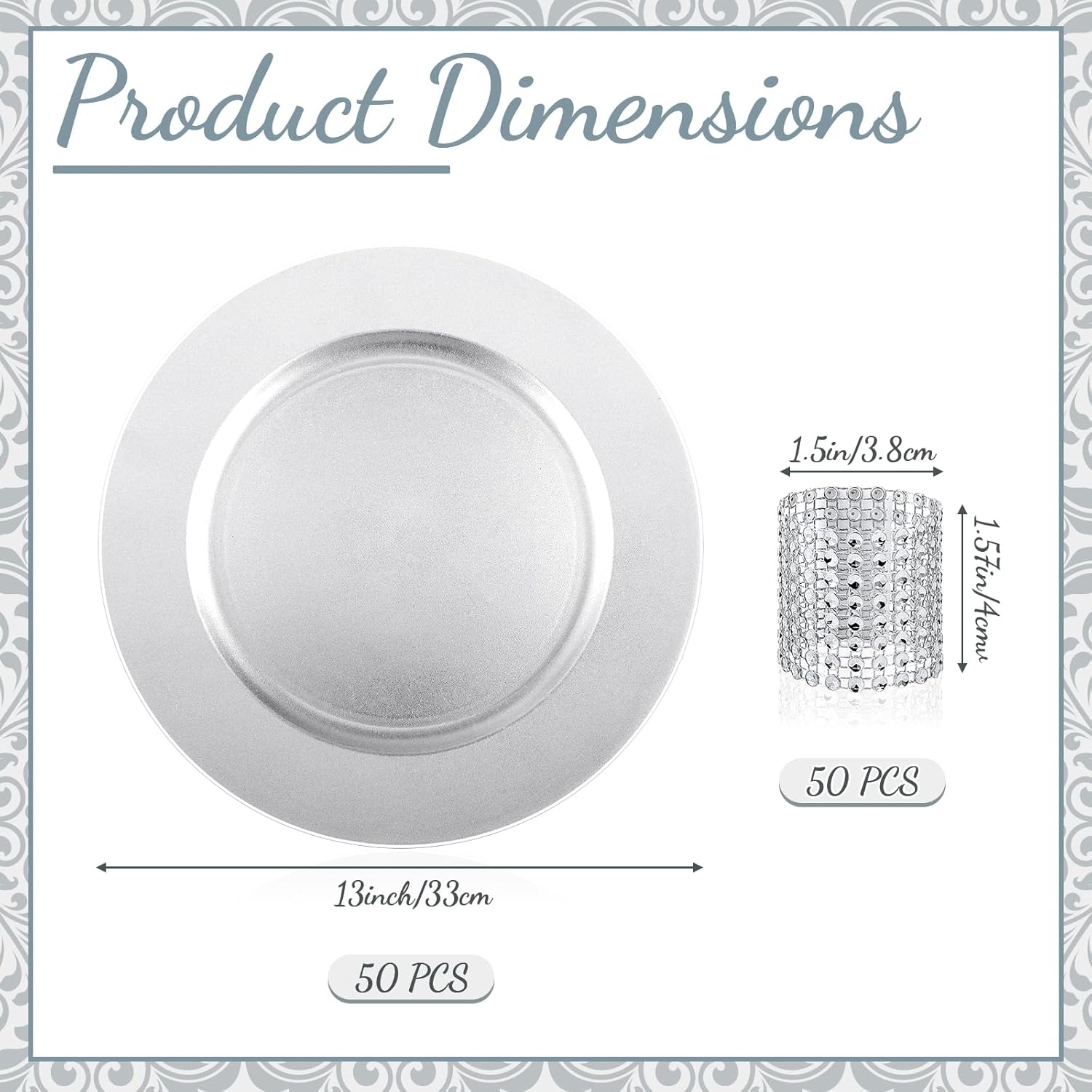 tanlade 100 pcs charger plates set bulk include 50 plastic plate chargers and 50 napkin rings 13" round for dinner table setting wedding baby shower decoration(silver) simple style silver 100