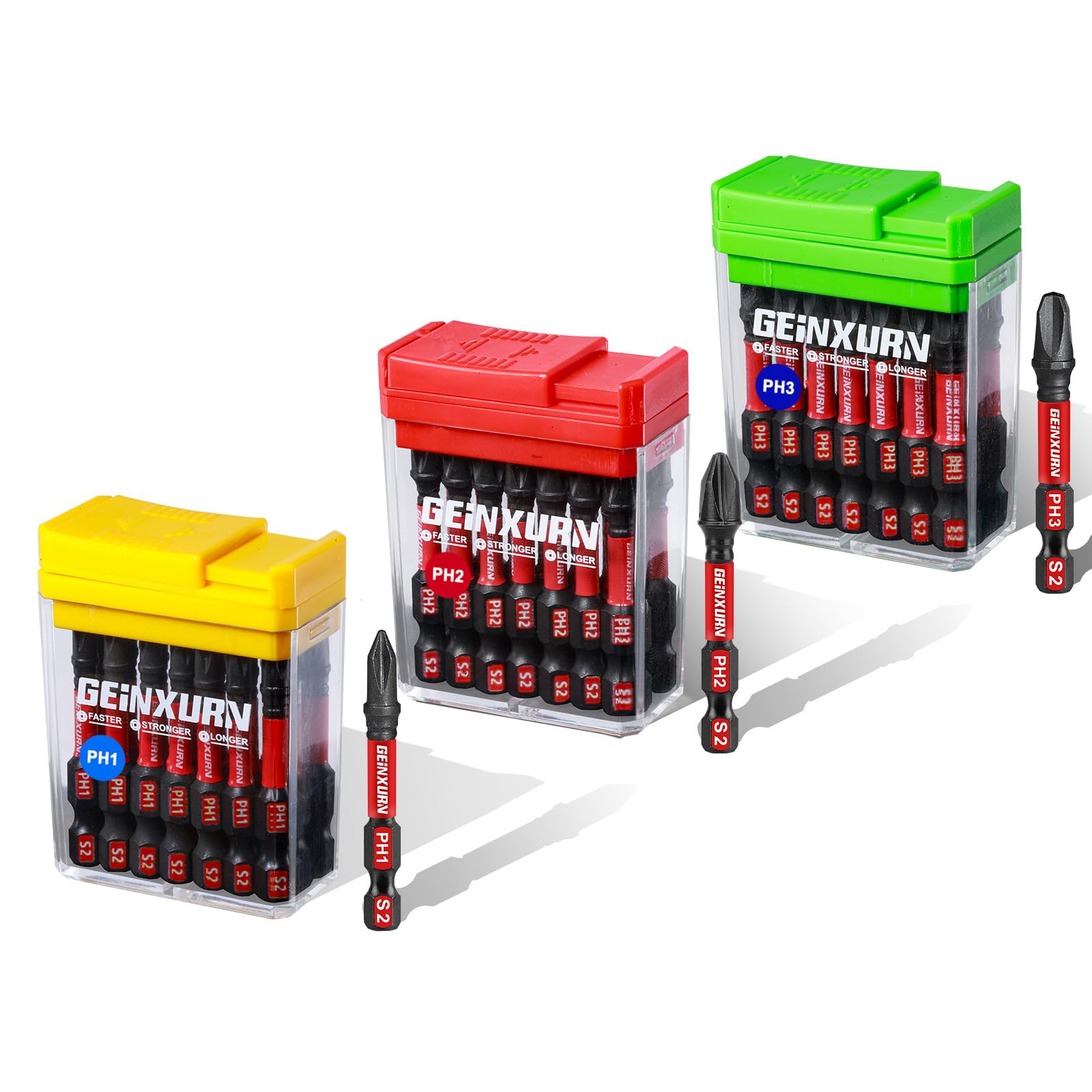 Geinxurn Impact Phillips Screwdriver Bits Set, 45Pcs 50 mm Magnetic (PH1/PH2/PH3) S2 Steel 1/4” Hex Shank Multi Drill Driver Bits with Storage Colorful Box