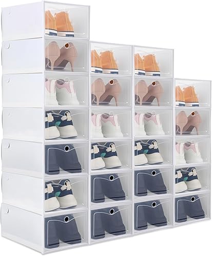 Paquete de 24 cajas de zapatos para armario, tamaño 9, organizadores apilables de almacenamiento de zapatos con tapas, contenedores plegables de