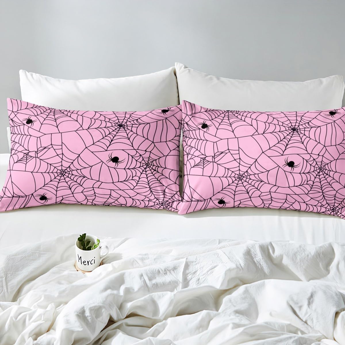 Feelyou Kids Pink Halloween Bedding Set King Size Pink Spider Web Duvet Cover for Girls Teens Bedroom Decor Halloween Spider Comforter Cover Women Pink Black Bedspread Cover with 2 Pillow Case