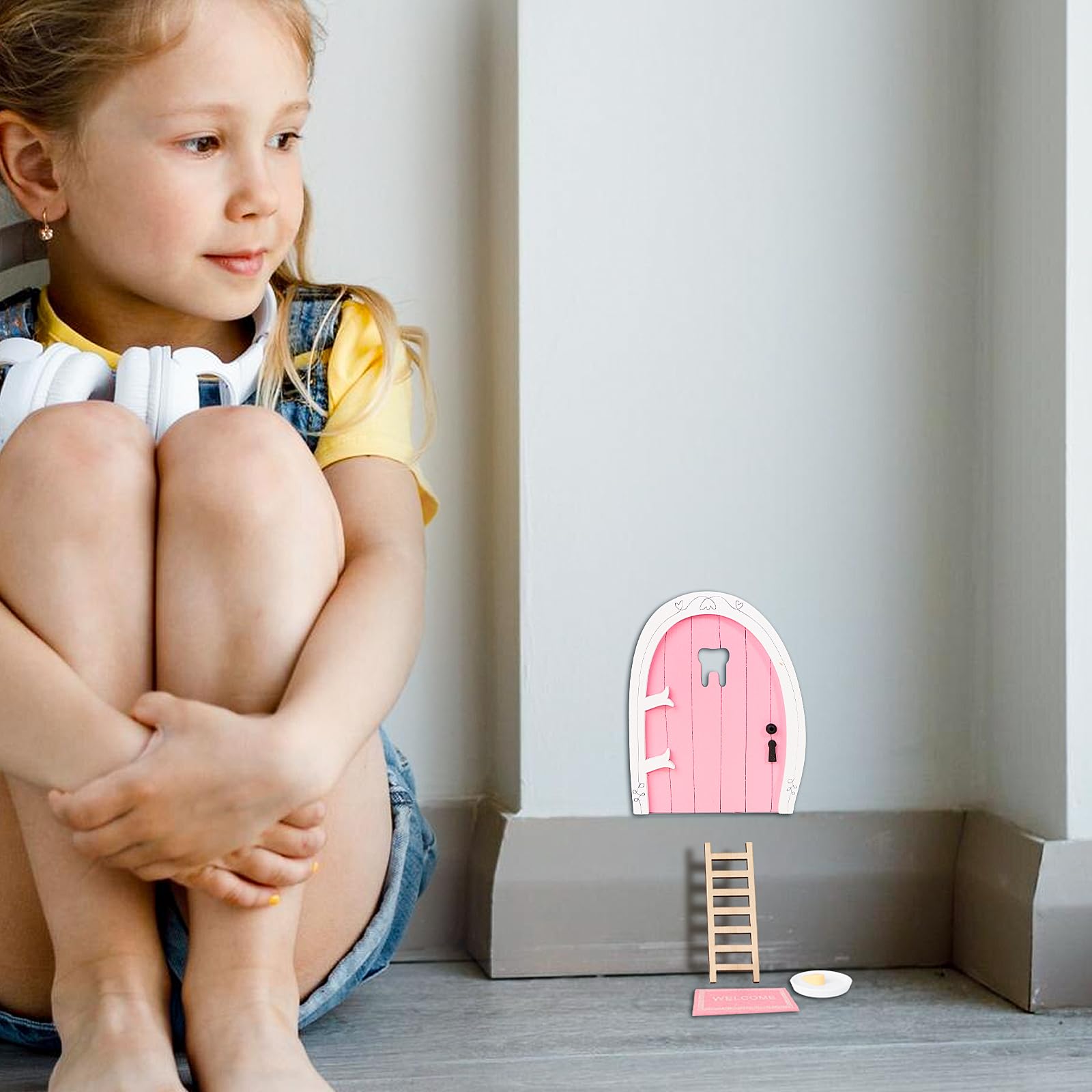 GEBETTER Caja Dientes de Leche Niña en Español + Puerta Pérez Ratoncito, Cajita Madera Guardar Dientes, Pinzas, Botecito, Puerta, Felpudo, Escalera, Queso y Plato, Regalo Niña 5 6 7 8 9 Años (Rosa)