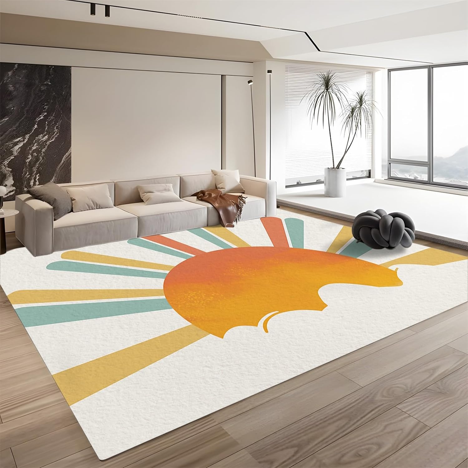 Creative Sun Rise Landscape Rug for Living Room Bedroom Diningroom Luxury Art Decor Home Office Guestroom Floor Carpet Indoor Outdoor Rug Mat Colorful Lines Carpet 2 x 3 ft