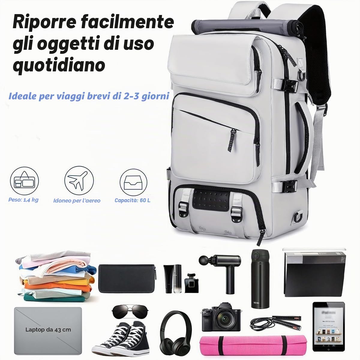 CORATED Zaino Unisex Espandibile da Viaggio, Zaino per Laptop con Scomparto Separato per Scarpe, Adatto come Bagaglio a Mano, Ideale per Viaggi, Lavoro e Escursioni, grigio argentato, L, Zainetto