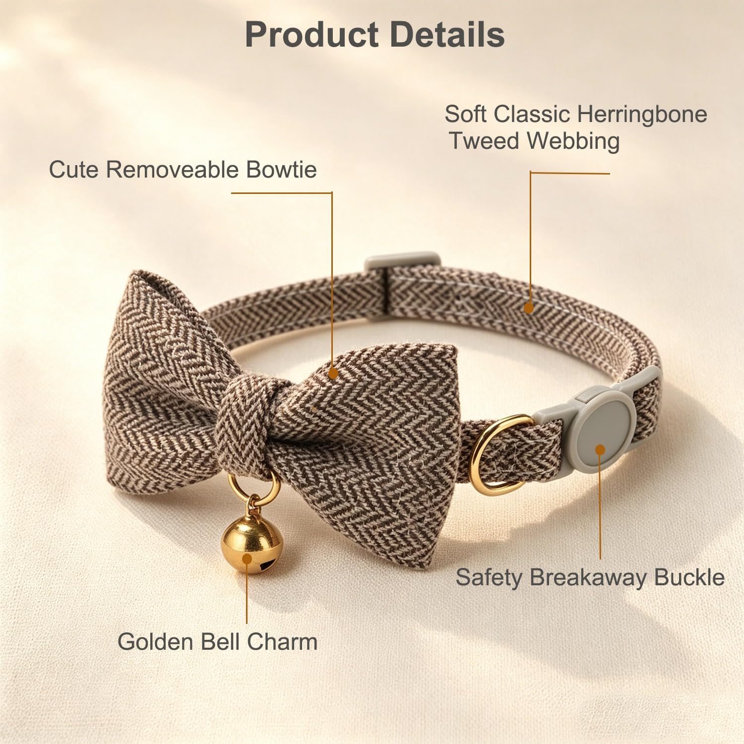 Soft Tweed Cat Collar with Bow Tie and Bell Adjustable Breakaway Kitten Collars for Cats and Puppies,Brown image 2