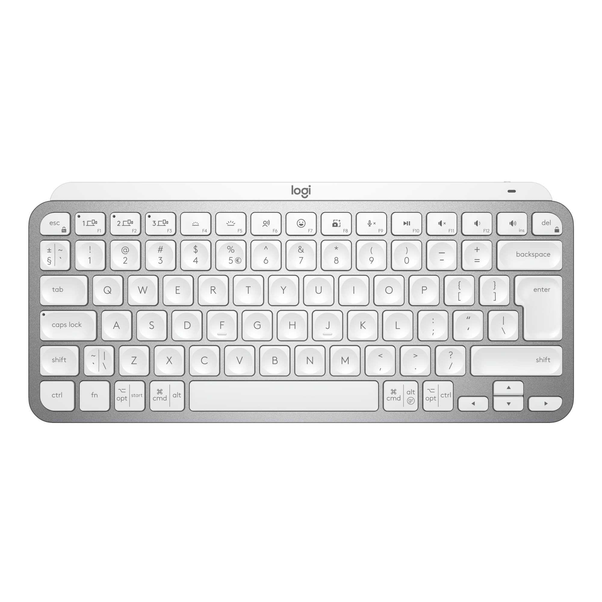 Logitech MX Keys Mini Minimalistyczna Bezprzewodowa Podświetlana Klawiatura, Kompaktowa, Zgodna z Apple macOS, iOS, Windows, Linux, Android, Metalowa Konstrukcja, QWERTY US INT'L - Jasnoszary