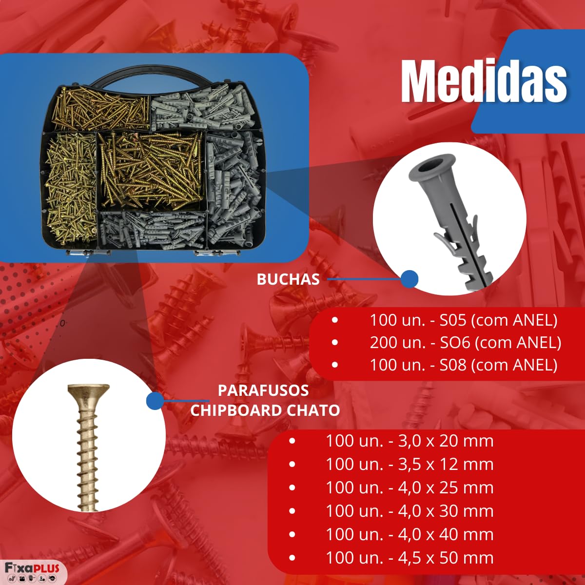 Parafusos E Buchas 1000 Peças com Maleta Chipboard para Madeira