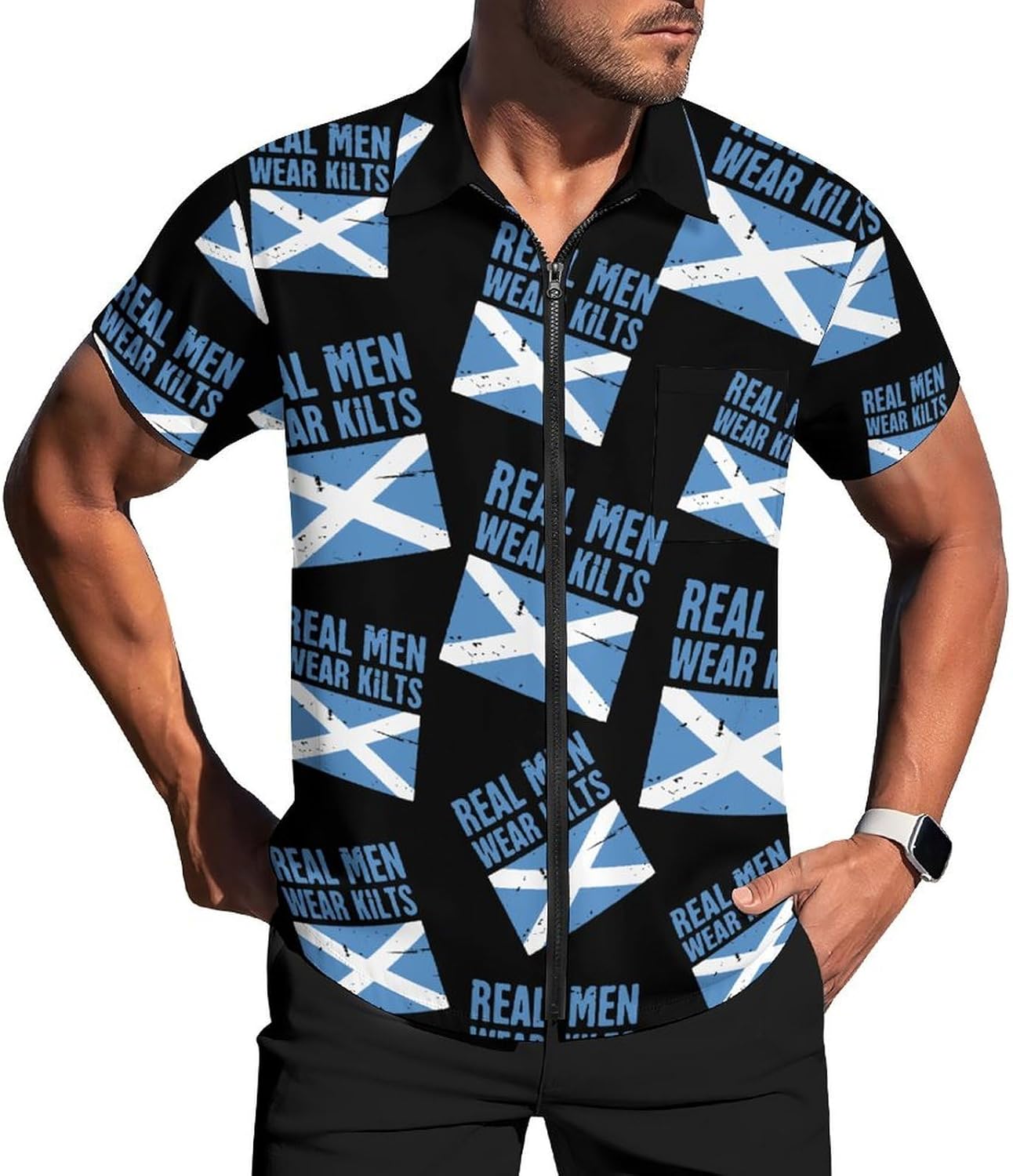 Scottish Flag Real Men Wear Kilts Men's Short Sleeve Shirt Zip-Up Golf Polo Shirts with Pocket