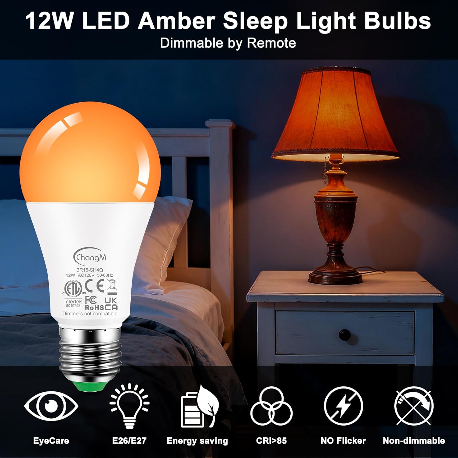 Amber Sleep Light Bulbs 1800K with Remote Control, E26 Blue Light Blocking A19, 12W LED Color Changing Bulb for Sleep Therapy, Baby Nursery, Reading Light