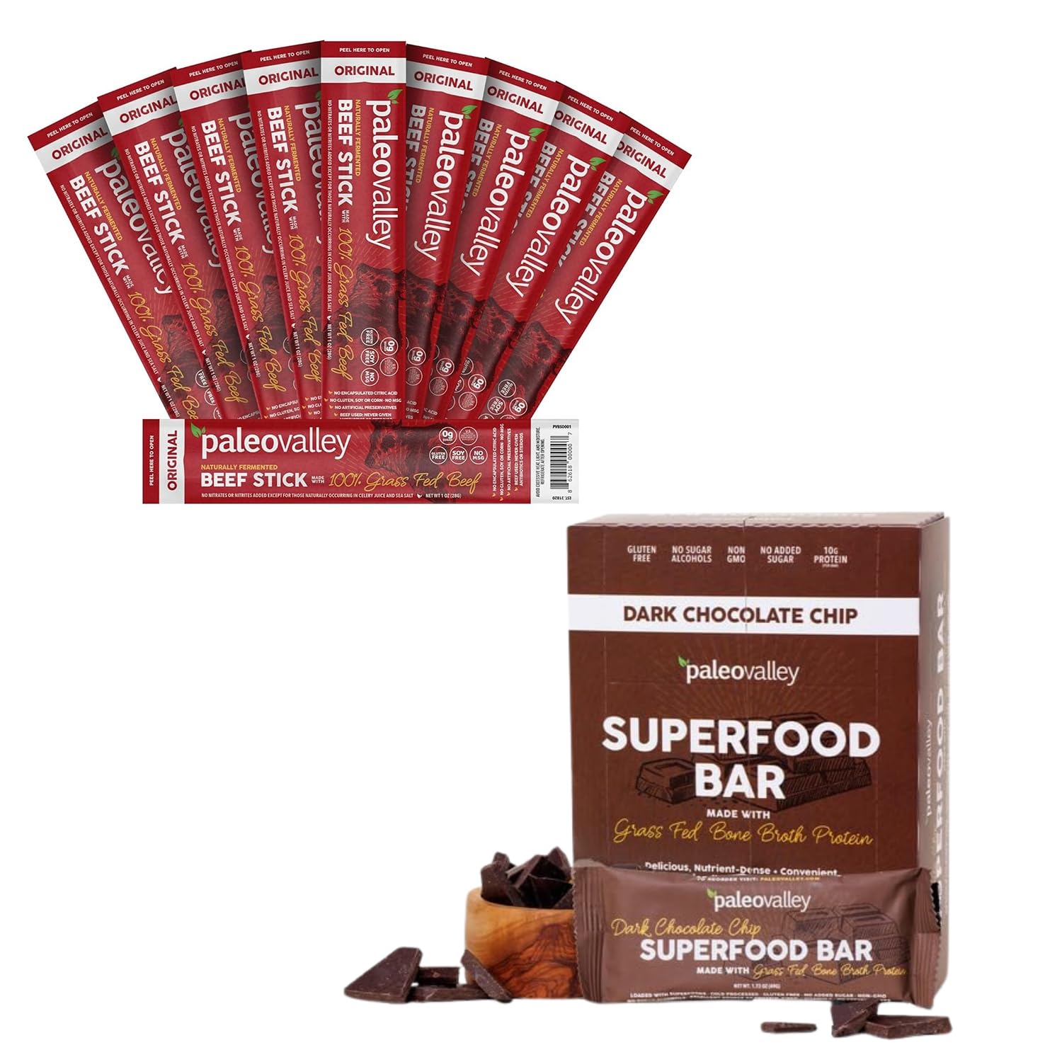 Paleovalley Chocolate Superfood Bars + 100% Grass Fed Original Beef Sticks | High Protein Paleo & Keto Snacks | Gluten-Free, Grain-Free, Dairy-Free, Non-GMO, On-the-Go Nutrition - (20 pack)