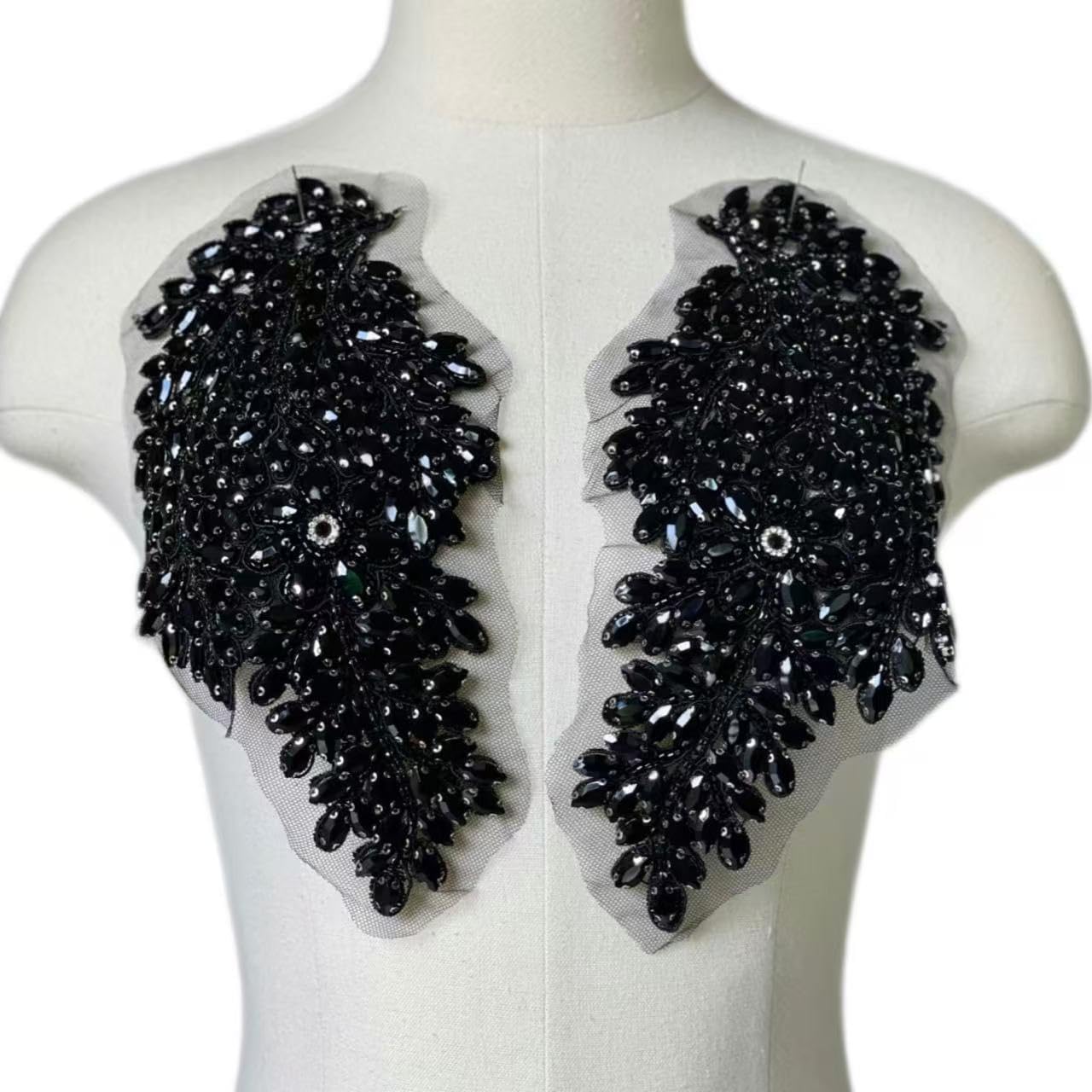 1 Pair Handmade Shining Black Rhinestones Applique Patches Sewing Beads Sequins Stone Trim Accessories for Wedding Dress Decoration,10.7" *5.9" Leaf Flower Applique (Black)