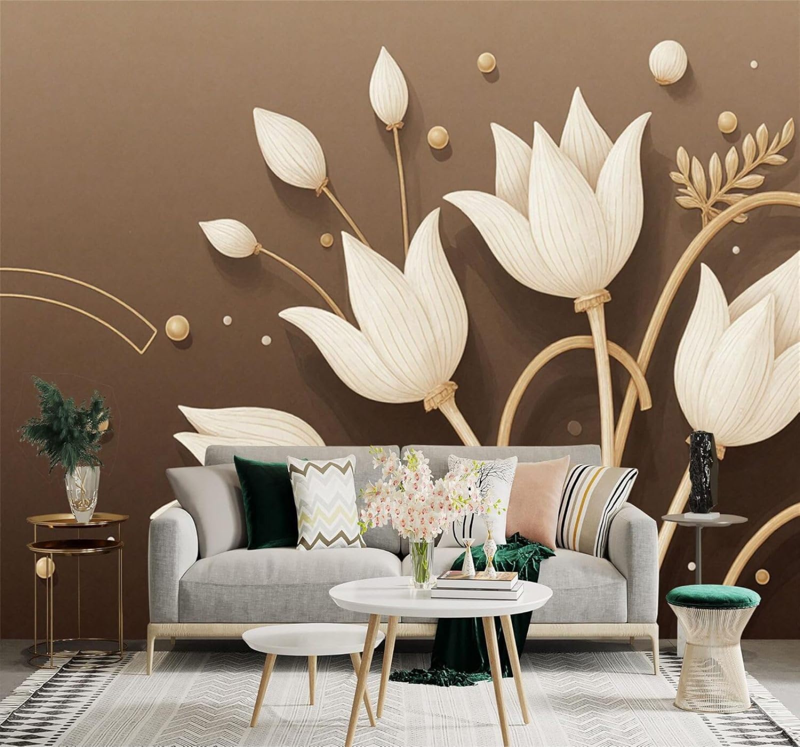 XLMING Beige Flowers Art Tulips Gold Abstract 3D Wallpaper Silky Texture Home Study Office Grey Dining Room Sofa Bedroom Living Room TV Backdrop-200cm×140cm