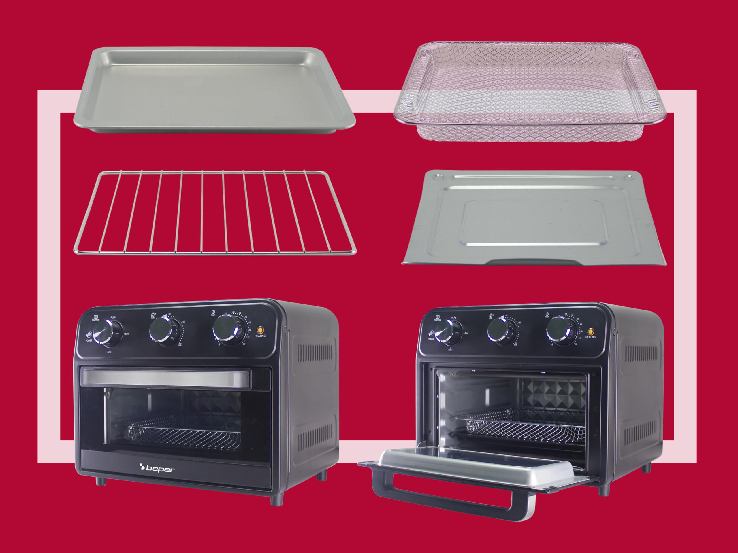 BEPER P101FRI024 Freidora de Aire Multifunción 24L, Freidora de Aire con 4 Funciones: Freír, Grill, Horno, Tostar, Temporizador de 60 min, 220°C, Accesorios Apto para Lavavajillas, Doble Cristal