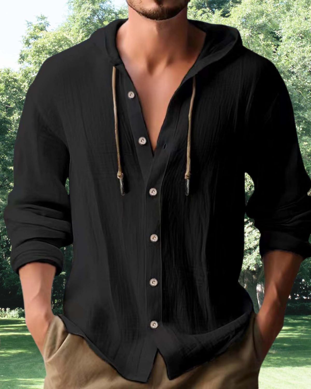 Cotton Linen Hoodie for Men Summer Casual Long Sleeve Button Down Hawaiian Beach Shirt Tops with Hood - Image 4