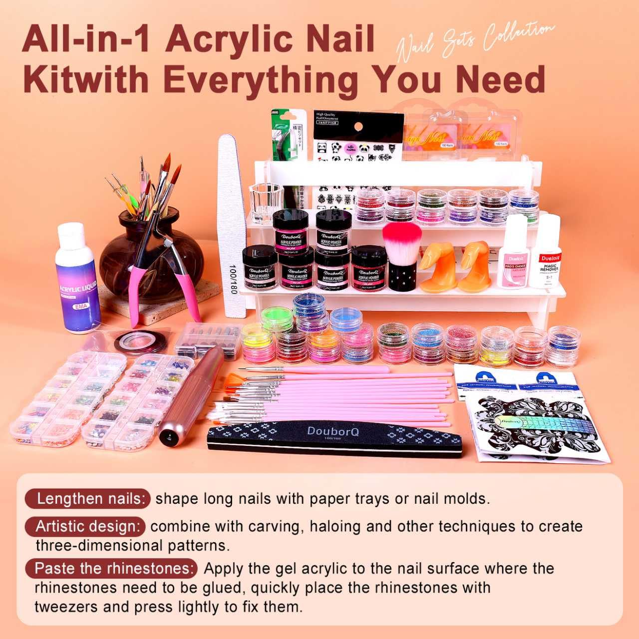 Acrylic Nail Kit for beginners with Everything- acrylic nail kit with drill lamp Acrylic Powder Glitter False Tips Starter Kit - Full Nail Supplies for Nail Extensions