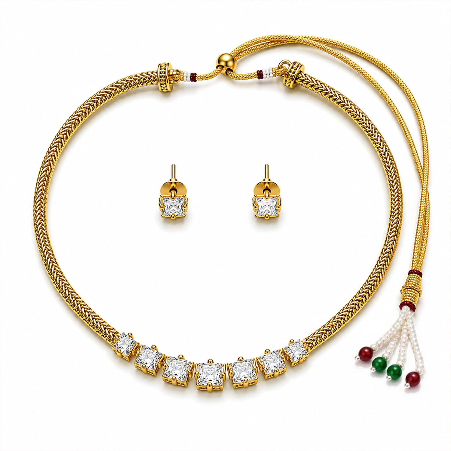 vama FASHIONS 18K Gold Plated Anti Tarnish Adjustable Square AD White Stone Necklace Stud Earrings Neck Choker Dori Chain Lightweight Neckpiece Jewellery Set For Women & Girls-picture-15