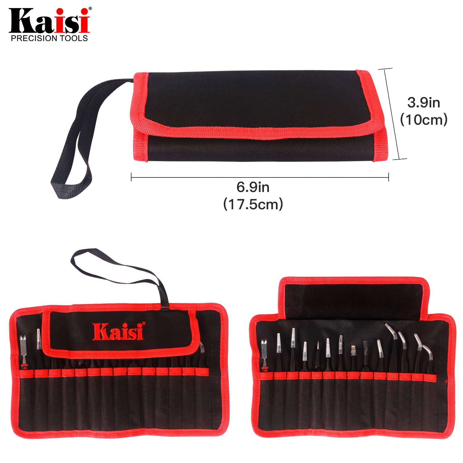 Kaisi - Juego de pinzas de precisión (14 unidades, antiestáticas, con 13 pinzas de acero inoxidable no magnéticas, con bolsa de almacenamiento)