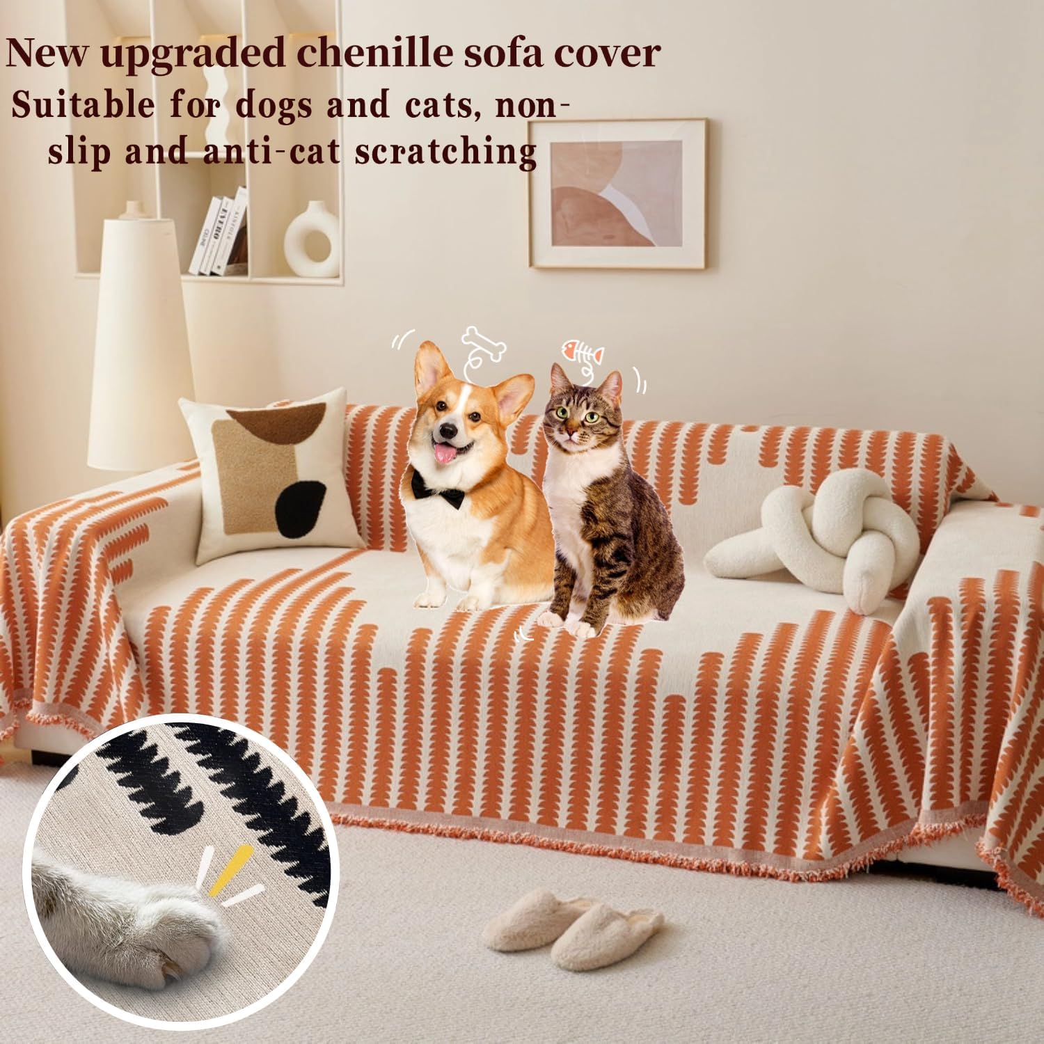 Sofa Covers with Tassel Washable Couch Covers Chenille Anti-Scratch Couch Covers for Sectional Sofa Pet Friendly Couch Protectors for Dogs Anti-Cat Scratch Sofa Cover