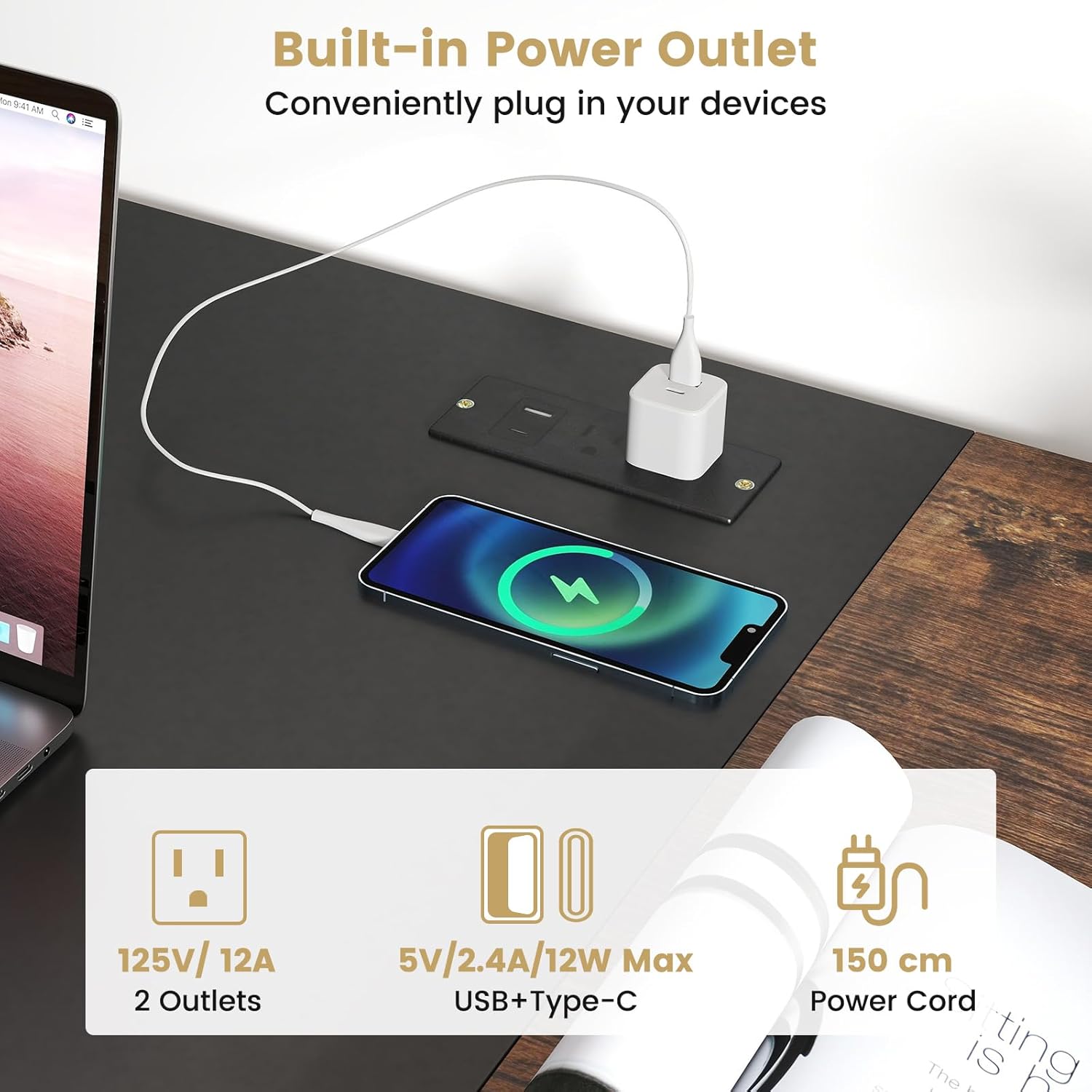 GOFLAME 59” Computer Desk, Modern Simple Study Writing Desk with Built-in Power Outlet, Removable Shelf & Side Headphone Hook, Home Office Laptop PC Desk Gaming Table Workstation (Black)