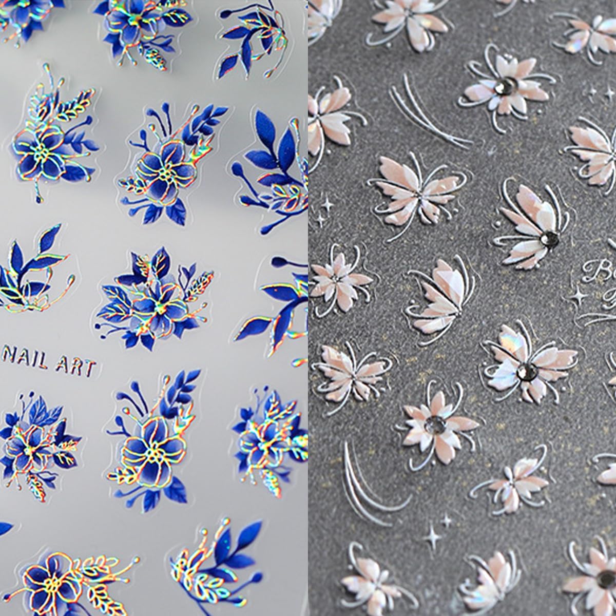 Photo 1 of **2 PACKS**2 Sheets 5D Embossed Pink Blue Flower Nail Stickers for Nail Art Shiny Butterfly Nail Art Stickers Self Adhesive Nail Decals Glitter Nail Design Stickers for Women Manicure Nail Art Decoration