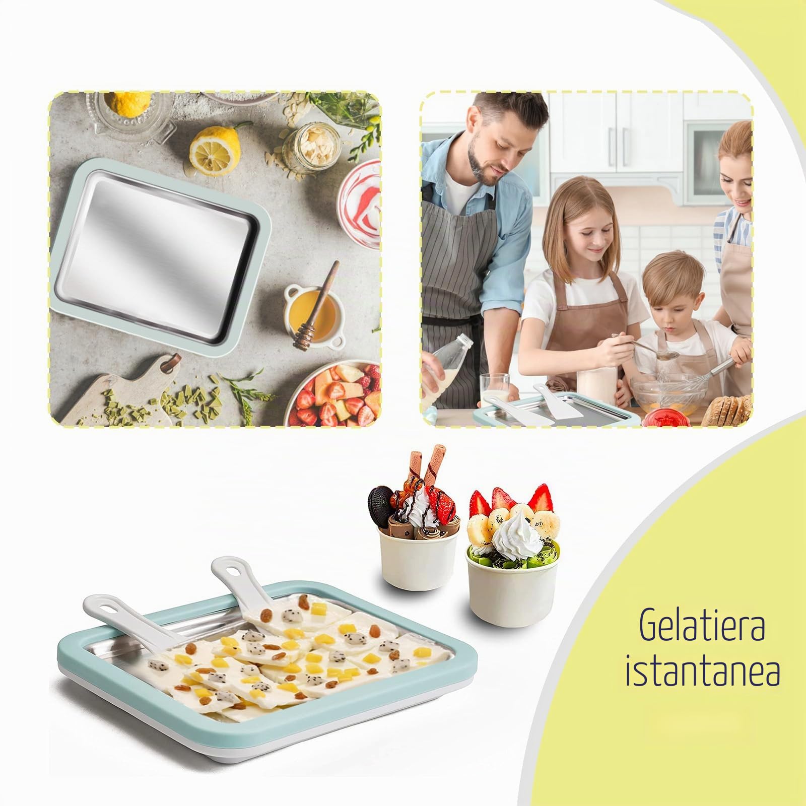 Rotoli di ghiaccio per la produzione di ghiaccio fai da te, macchina per gelato con 2 spatole, macchina per rollare gelato per bambini e famiglia, giallo