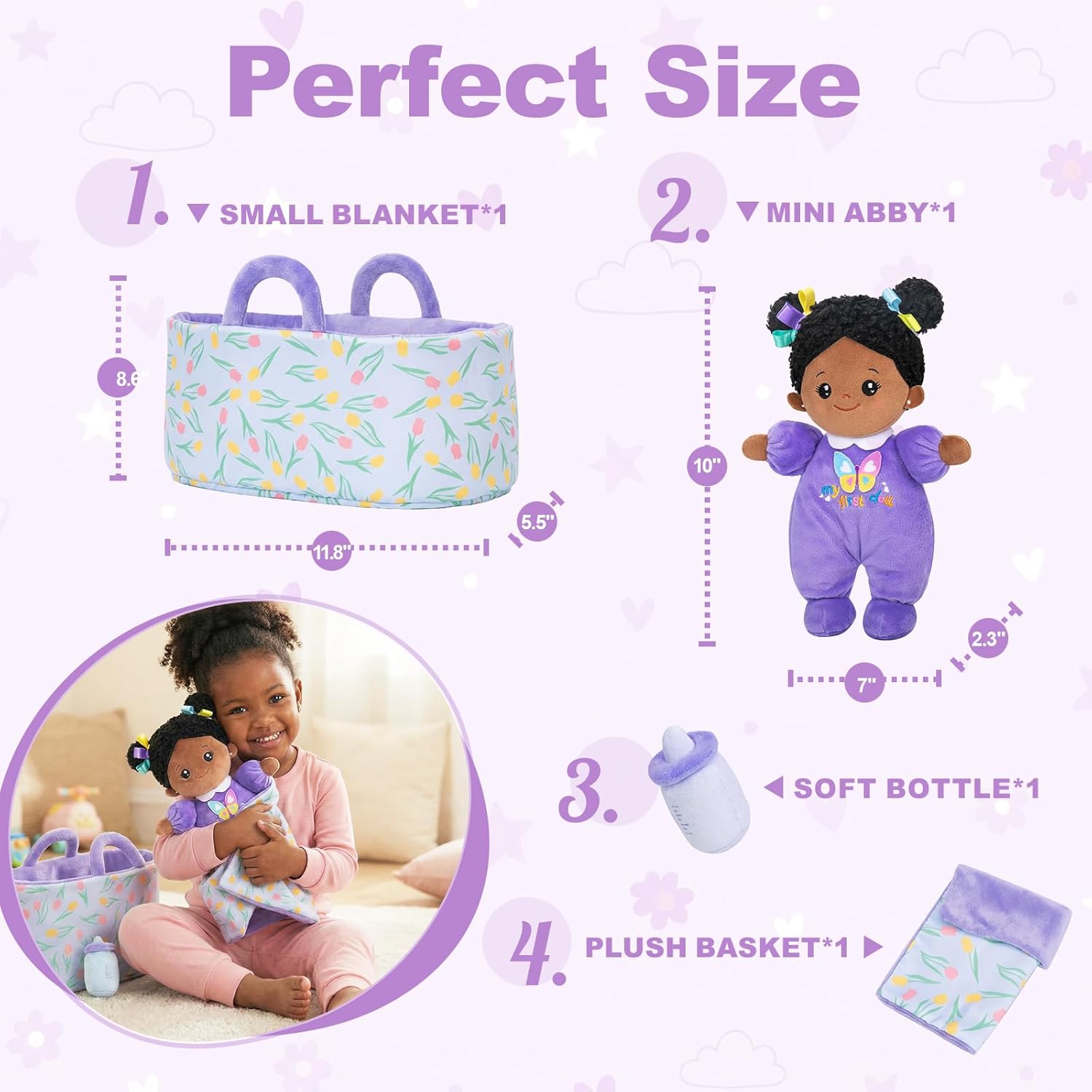 OUOZZZ 10" Baby Doll Accessories, African American Doll Pretend Playset for Social Emotional Learning, Perfect Birthday Toy & Gift for 2 Year Old Girls
