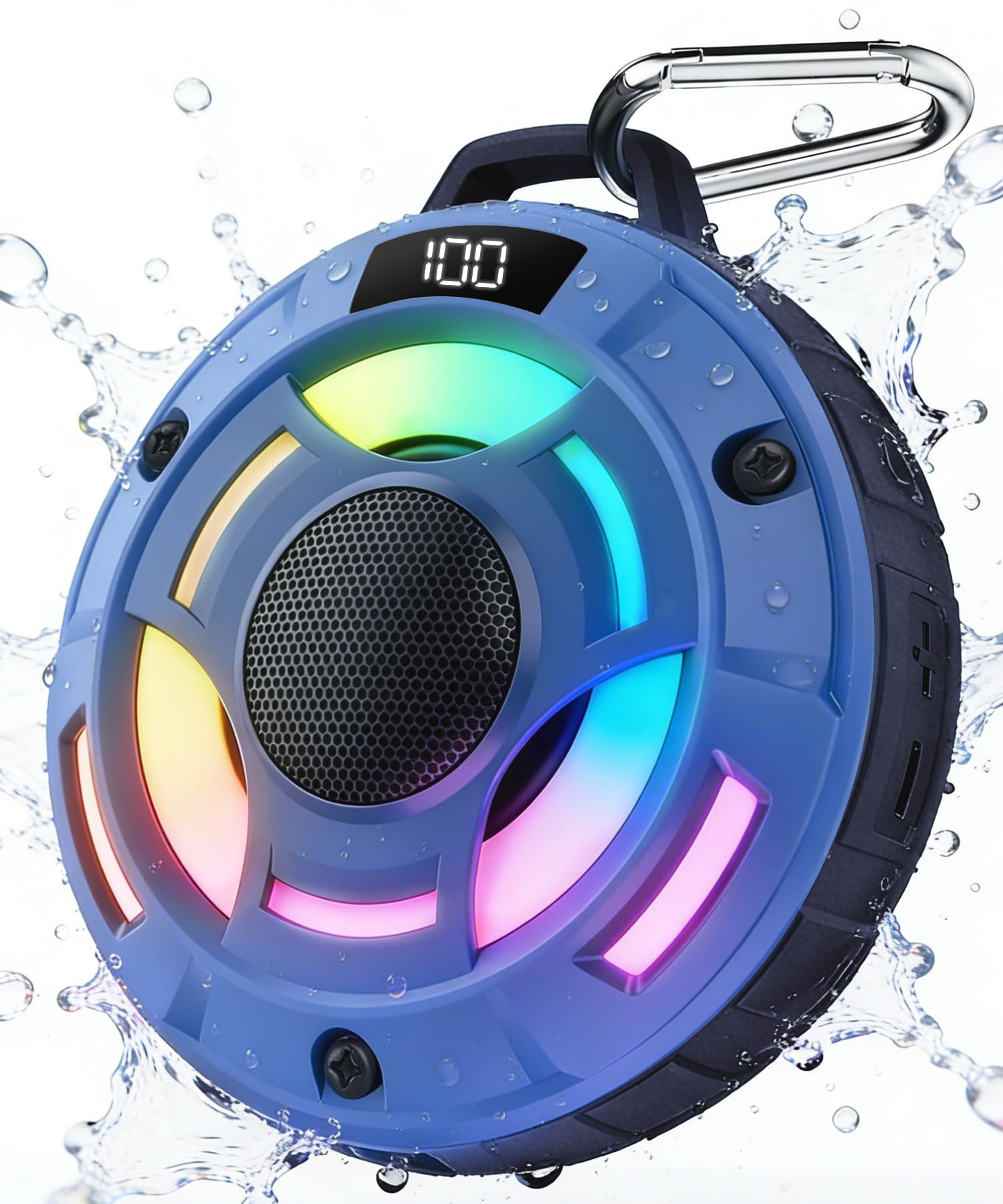 BassBloom Room 1 Shower Bluetooth Speaker,IPX7 Waterproof | 12W Powerful Sound, 15H Playtime, LED Power Display, RGB Lights, for Kayaking Pool, Beach, Camping(Blue)