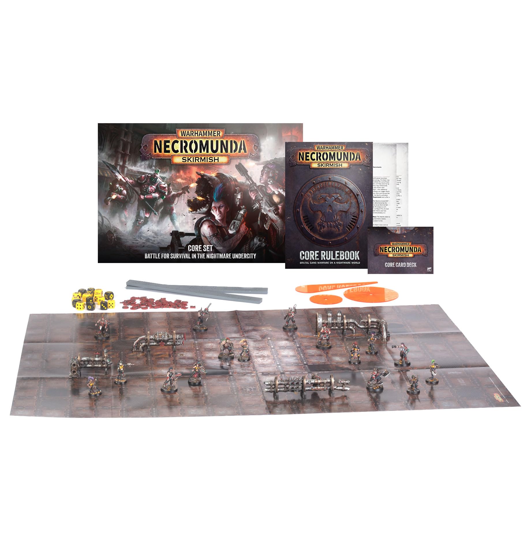 Warhammer Necromunda Skirmish Core zestaw – 2 gangi startowe, ostrza Eschera Matriarchy i huta Goliath Forge, 16 miniatur, zbiór zasad, teren, mata do zabawy, karty i akcesoria do gier