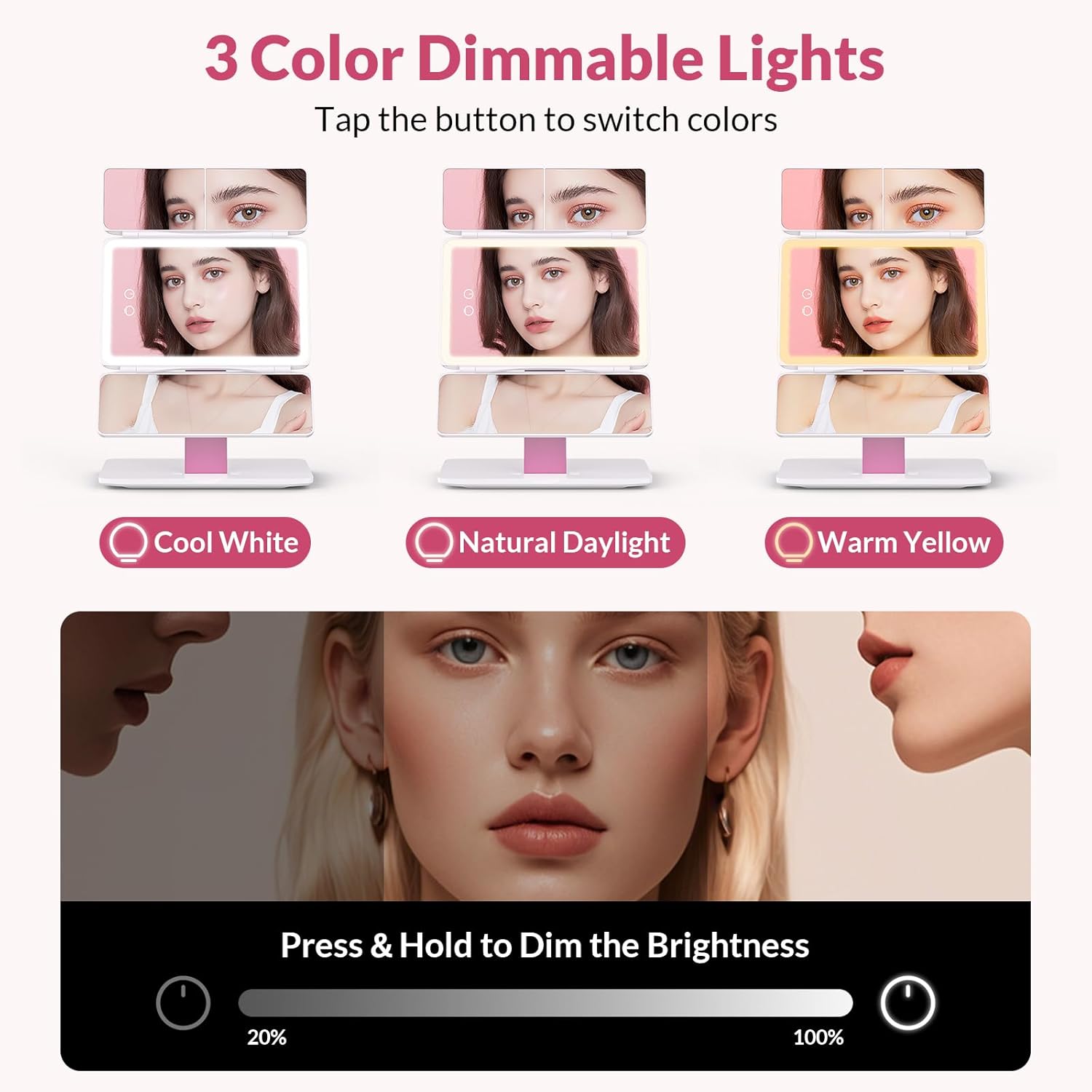 EASEHOLD Foldable Tri-Fold Lighted Makeup Vanity Mirror with 60 LED Lights, 1X/2X/3X Magnification, Touch Control Dimming, 3000mah Rechargeable, 360° Rotation, Portable Travel Folding Compact Mirror - Image 8