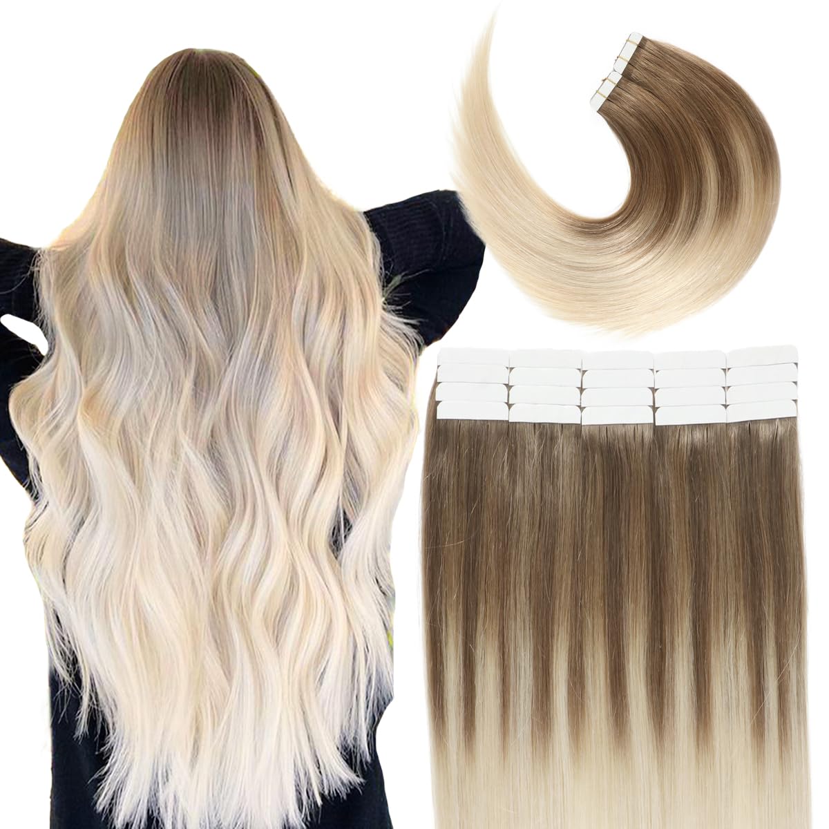 VINBAO Tape In Hair Extensions Real Human Hair Balayage Color #8 Ash Brown FadIng To 60 PlatInum Blonde Tape In Hair Extensions 50Grams 20Pcs Seamless Remy Hair Tape In Extensions (T18Inch