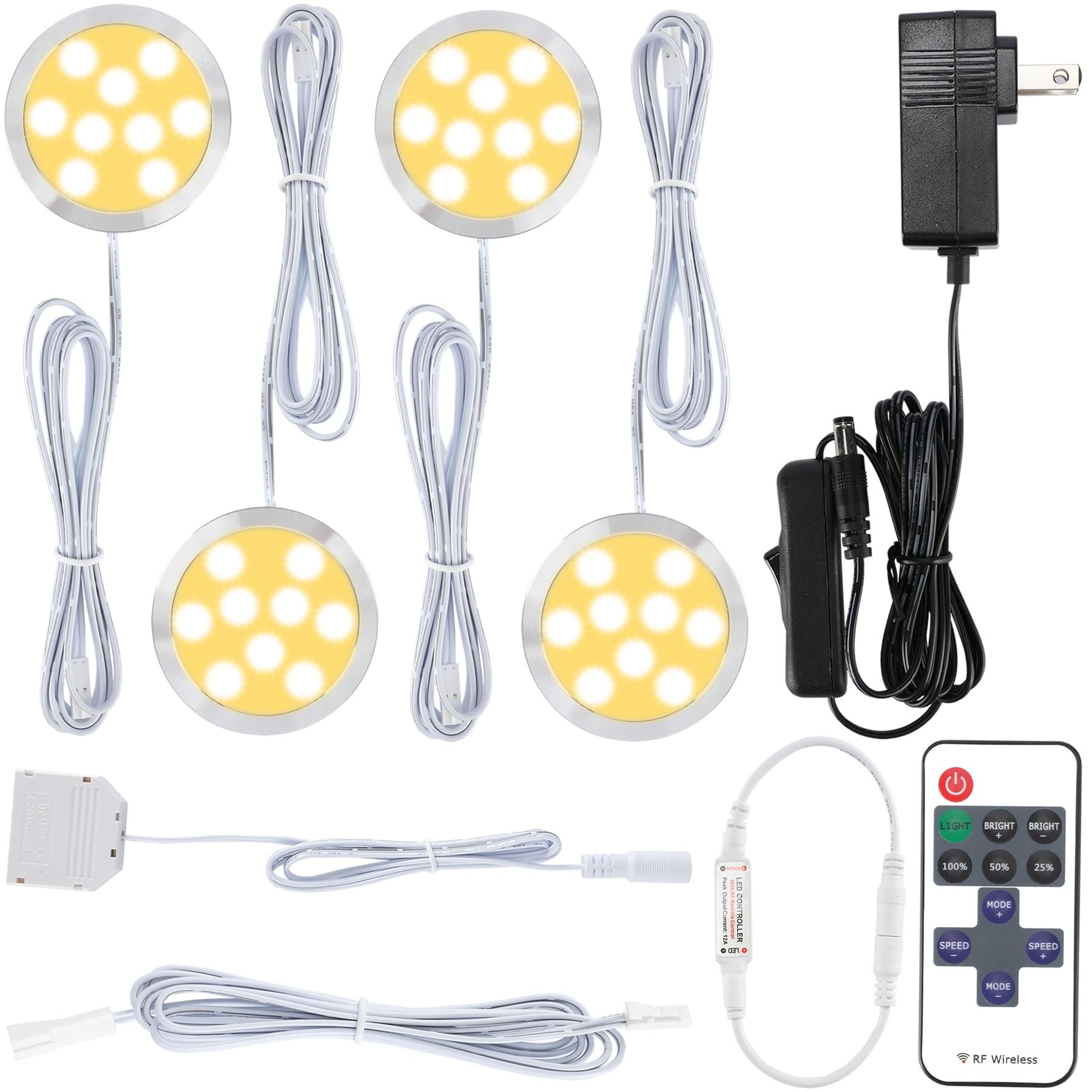 Meigour LED Puck Light Fixtures for Shelf, Home Kitchen Under Lighting, 110V Electric Wall Plug-in, Wireless Dimmable Remote Control, 4 Ways Octopus Parallel Wiring, 4 Lights, Warm White