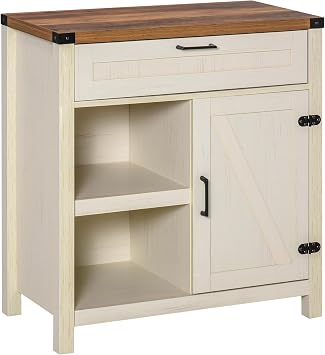 HOMCOM Farmhouse Sideboard Buffet Cabinet, Rustic Barn Door Kitchen, Accent Cabinet with Storage for Living Room, Distressed White