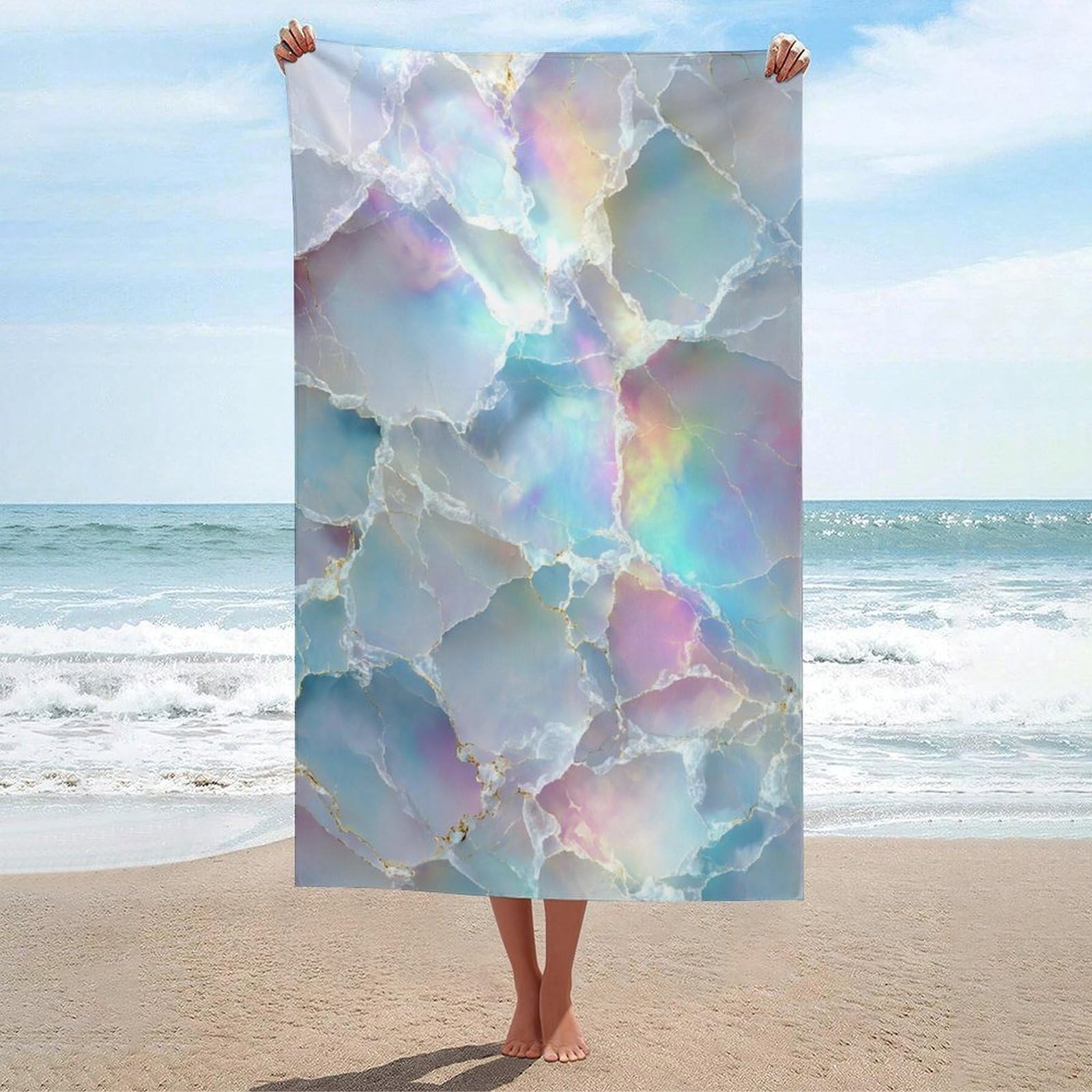 asbwuo Shimmering White Iridescent Marble Texture Beach Towel