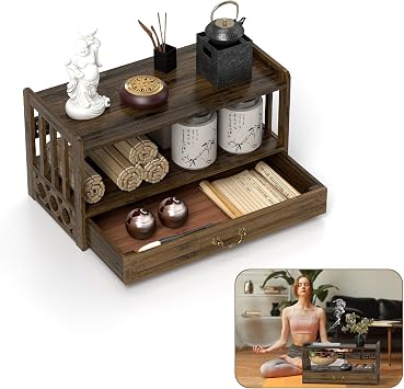 IKARE Meditation Altar with Drawer, Puja Table for Home, Spiritual Altar for Prayers, Divination, Worship or Bamboo Furniture for Displaying Jars, Plants and Books 52cm