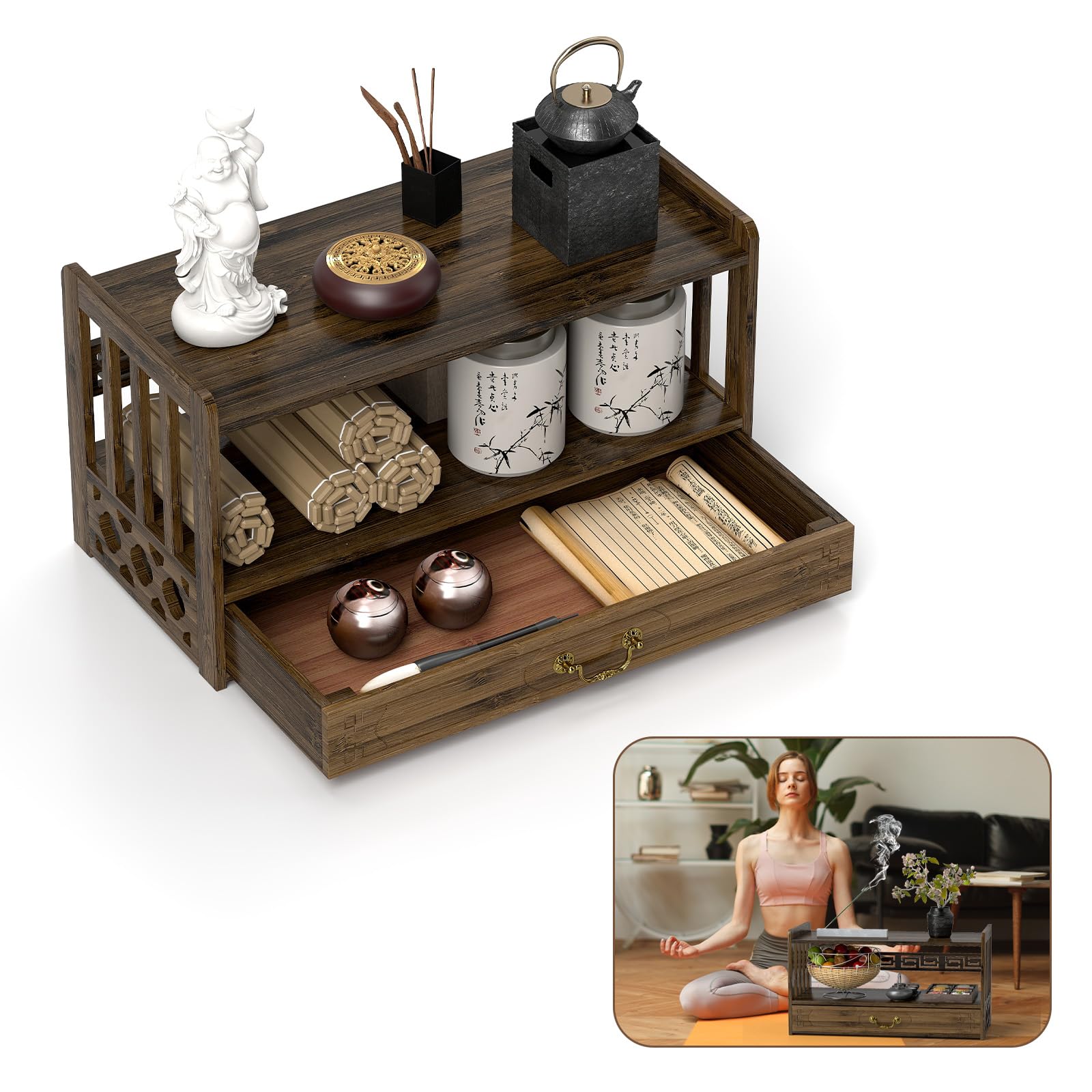 IKARE Meditation Altar with Drawer, Puja Table for Home, Spiritual Altar for Prayers, Divination, Worship or Bamboo Furniture for Displaying Jars, Plants and Books (52cm)