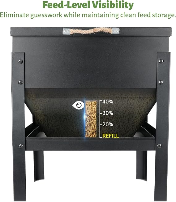 KOL 80LBs Chicken Feeder No-Waste, Galvanized Steel Large Capacity Chicken Feeder, Portable Poultry Feeder with Waterproof Lid for Hens and Roosters, Coops & Outdoors
