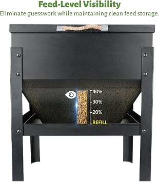 KOL 80LBs Chicken Feeder No-Waste, Galvanized Steel Large Capacity Chicken Feeder, Portable Poultry Feeder with Waterproof Lid for Hens and Roosters, Coops & Outdoors