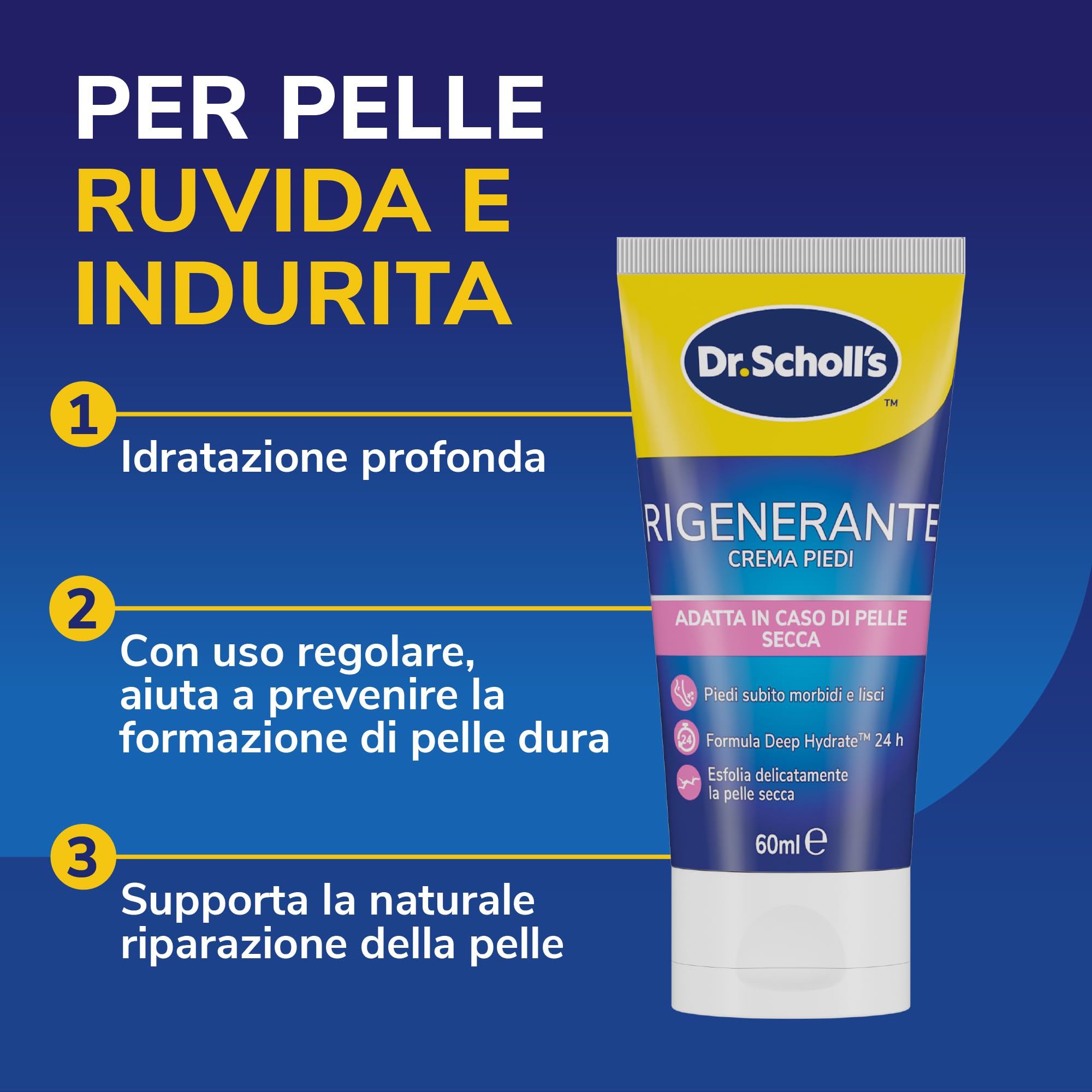Dr. Scholl's Crema Rigenerante Pelle Secca, Crema Piedi ad Assorbimento Rapido, Azione Esfoliante e Idratante per Pelle Liscia e Rivitalizzata, 60ml