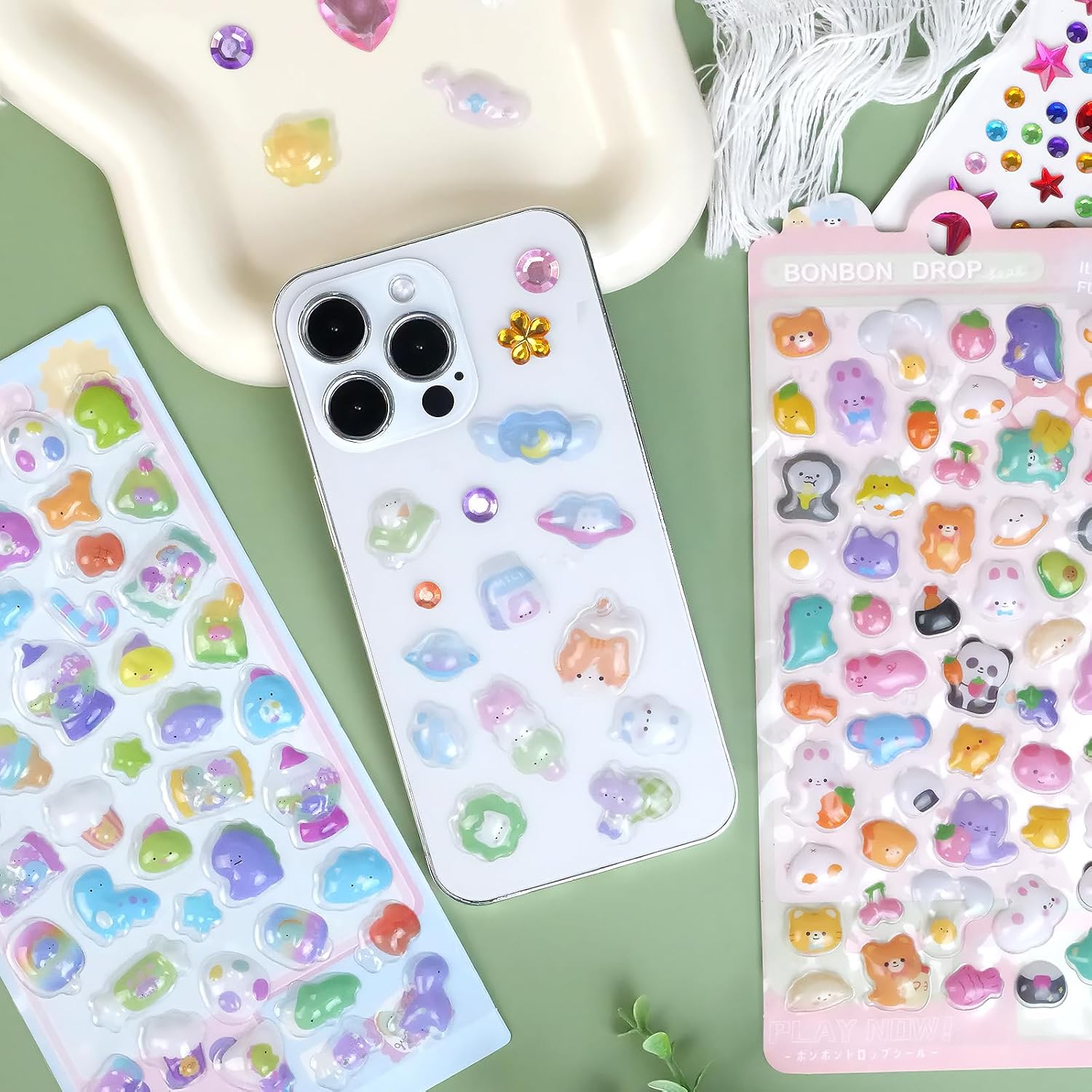 1600+Puffy Stickers&Gem Stickers 18Sheets Tiny Cute Cartoon Decorative Stickers for DIY Arts Gemstone Stickers Self Adhesive Samll Sticker for Scrapbooking Notebook Reward Gifts Water Bottle Laptops