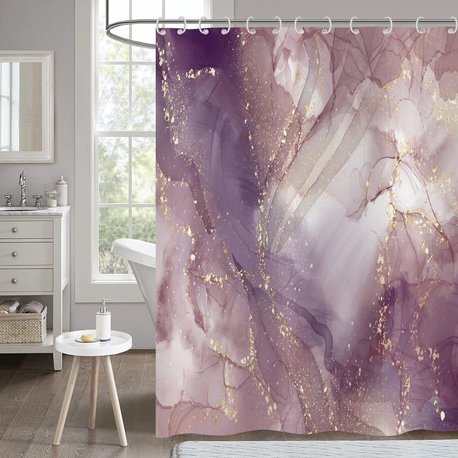 Hnmdmyi Marble Shower Curtain 200x180, Abstract Pink Purple Gold Glitter Bathroom Curtains Modern Luxury Ombre Crystal Texture Ink Art Waterproof Polyester Fabric Washable Bath Curtain with Hooks