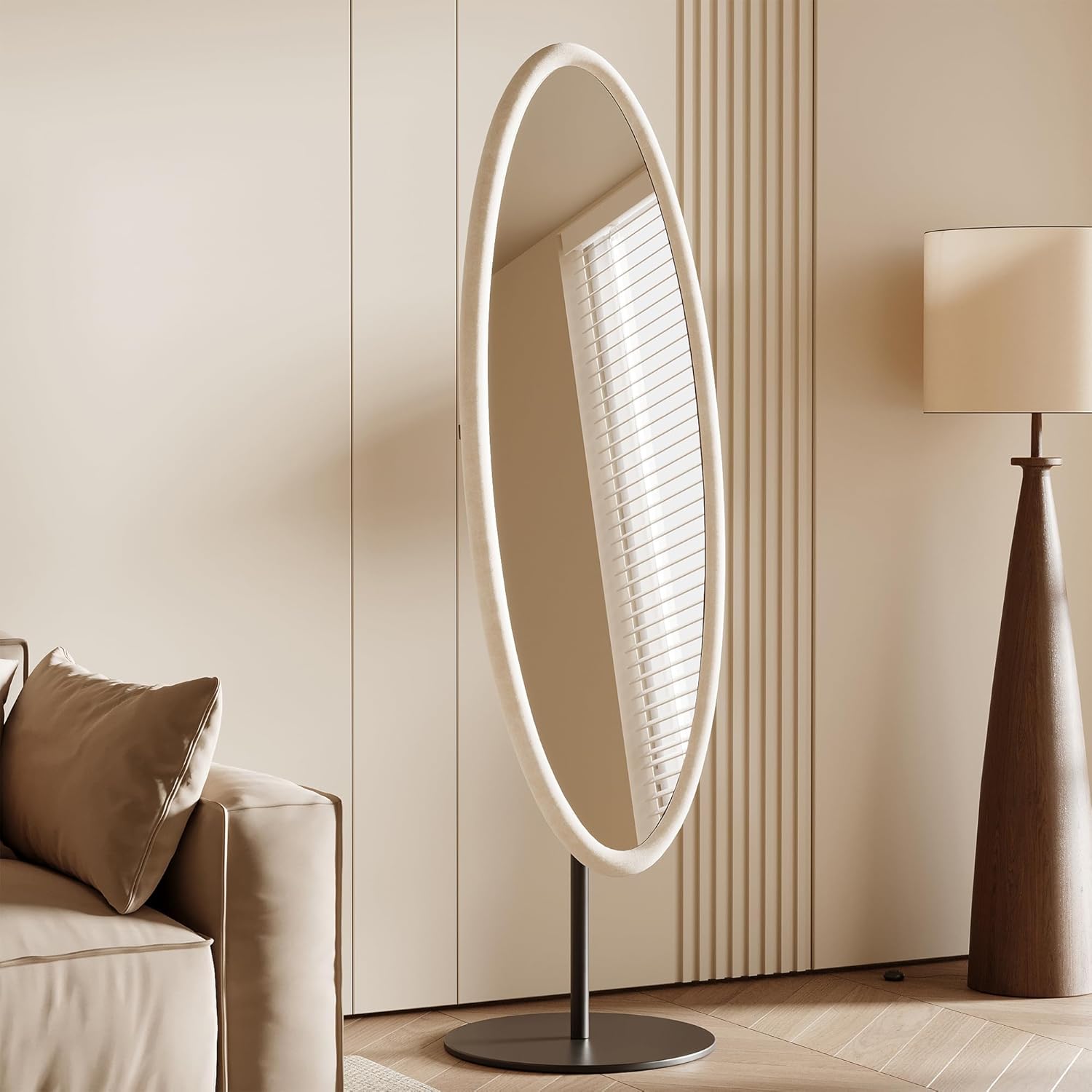 honyee 55" x 18.5" full length mirror, oval floor mirror with black metal standing holder, flannel wrapped wooden frame full body mirror for cloakroom/bedroom/living room