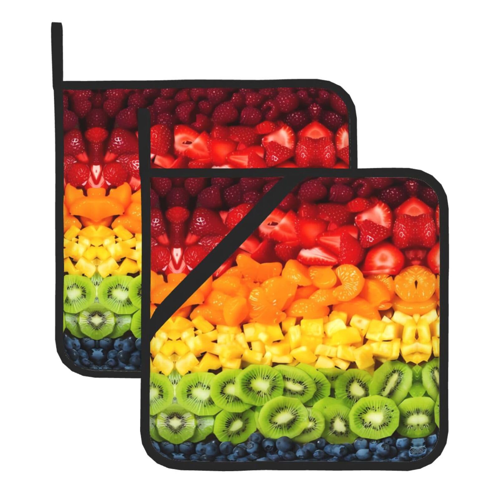 YYHWHJDE Fruit Rainbow Prints Square Hot Pads for Kitchen Counter - Waterproof Pot Holders with Hanging Loop, Durable Trivets for Microwave Oven - 2 Pack
