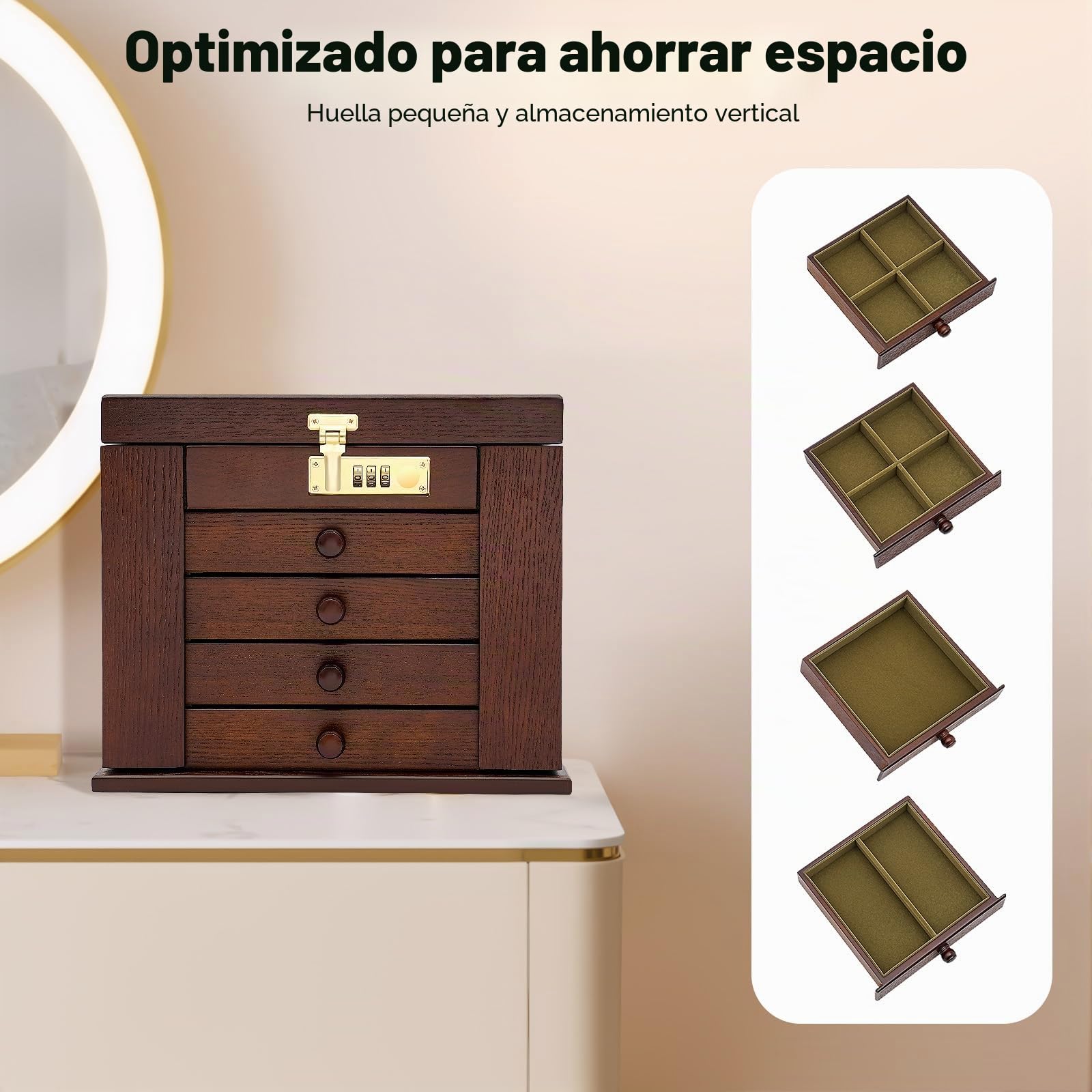 Joyero de madera grande, con 4 cajones, con cerradura y espejo