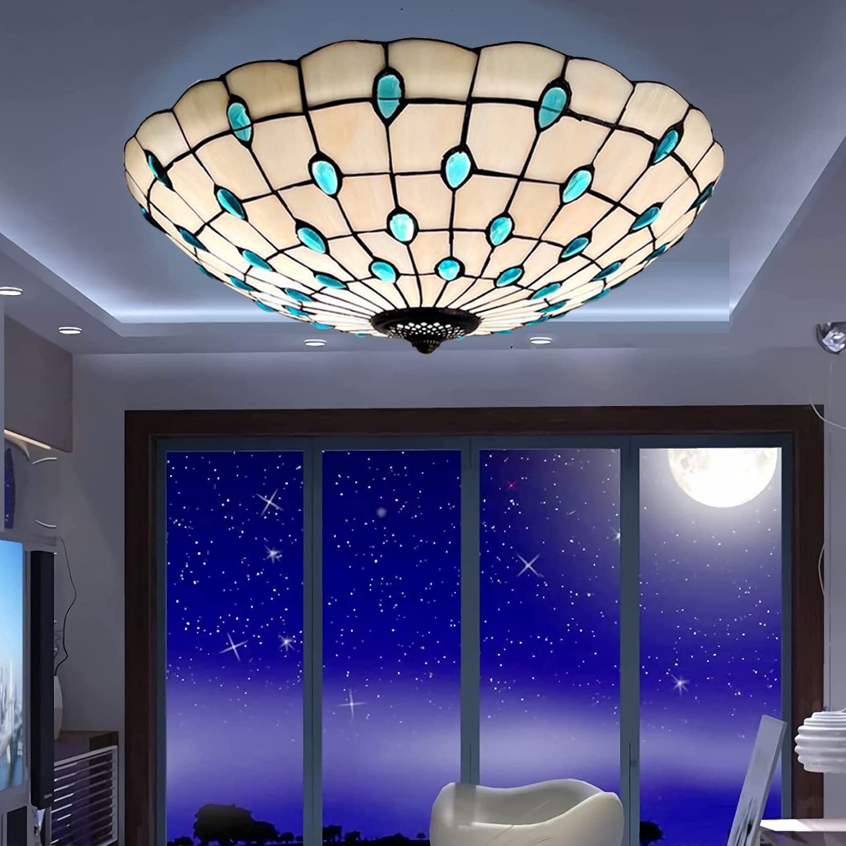 Aioneer Tiffany Ceiling Lights,Stained Glass Ceiling Light,Tiffany Flush Mount Ceiling Light For Bedroom Dining Living Room Entryway Foyer Hallway Kitchen,Mediterranean Ceiling L-Blue 1-16in