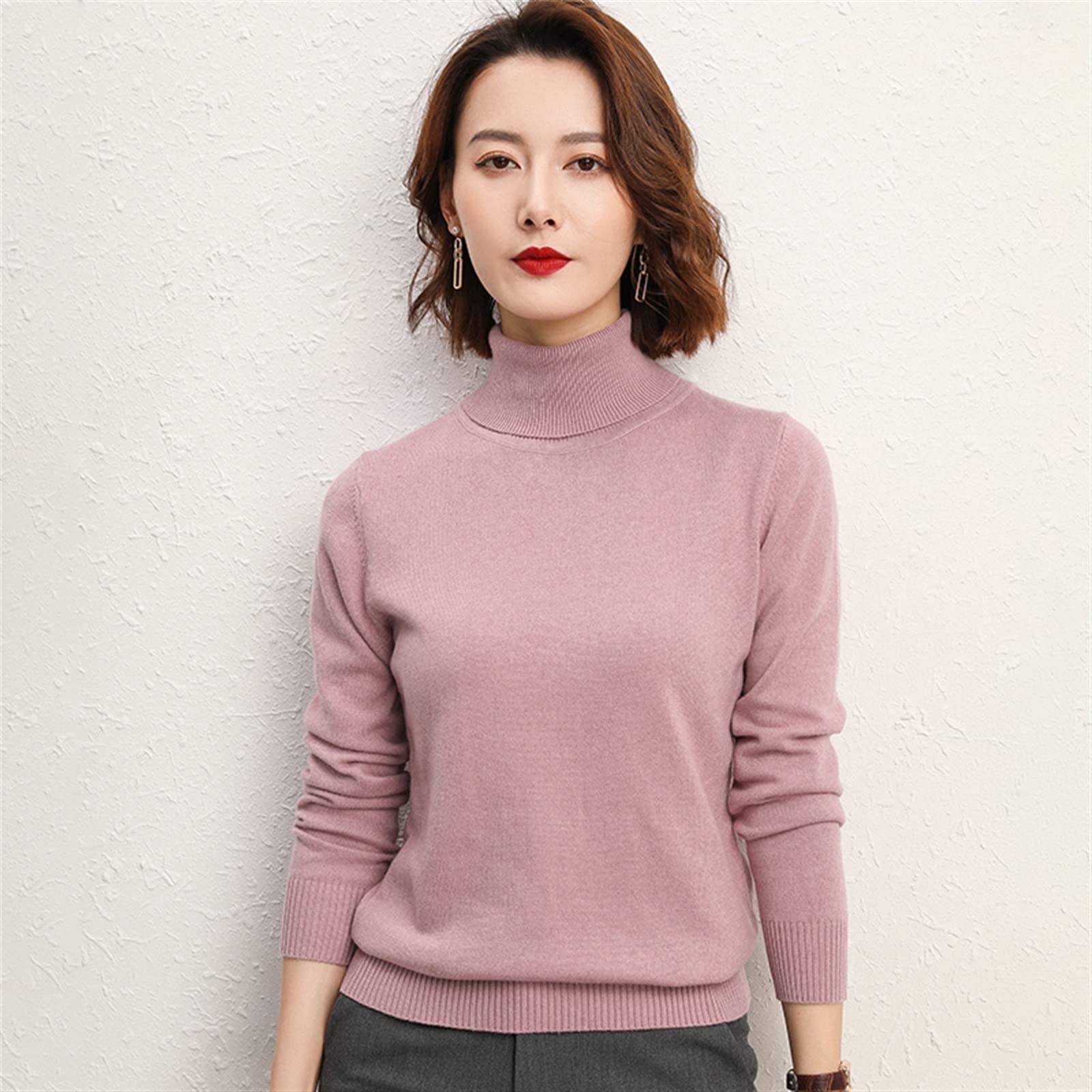 Swetry damskie Women's high collar cashmere sweater, knitted soft and warm, autumn and winter(Pink,XX-Large)
