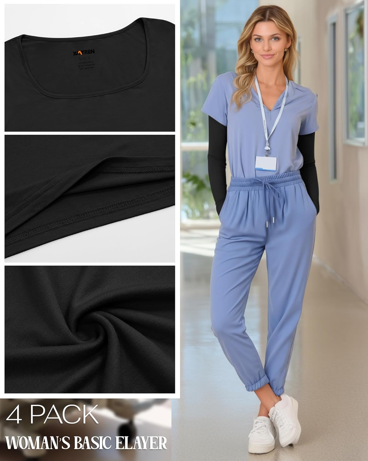 Xaatren 4 Pack Women's Underscrub Shirts Long Sleeve Square Tops Comfort Knit Fitted Layering Undershirts for Nurse