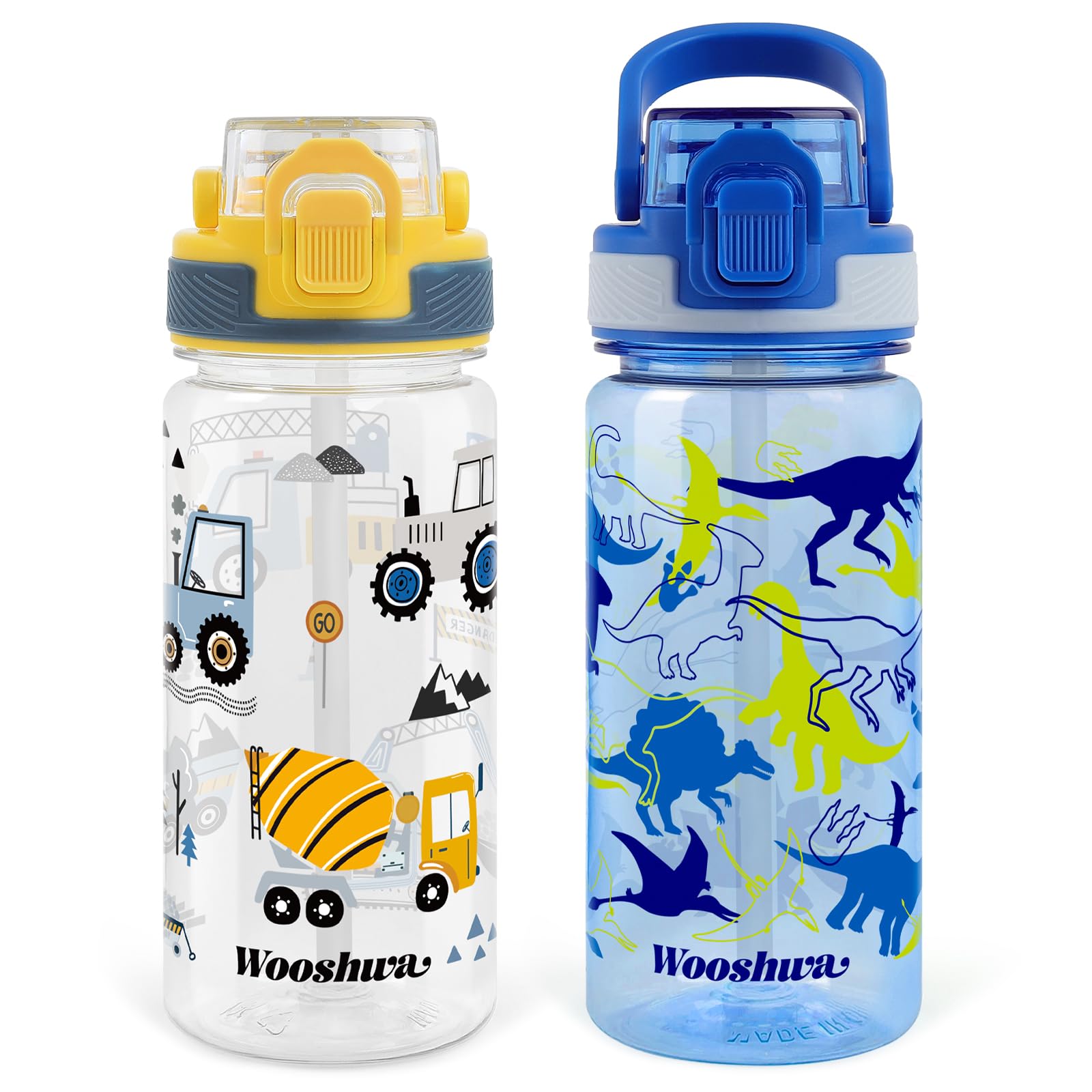 omedecal 2Pcs Kids Water Bottles, 480ml BPA Free Water Bottle with Straw and Handle, Childrens Sports Drinks Bottle, Personalised Cup for Boys Girls, School (Excavator+Dinosaur)